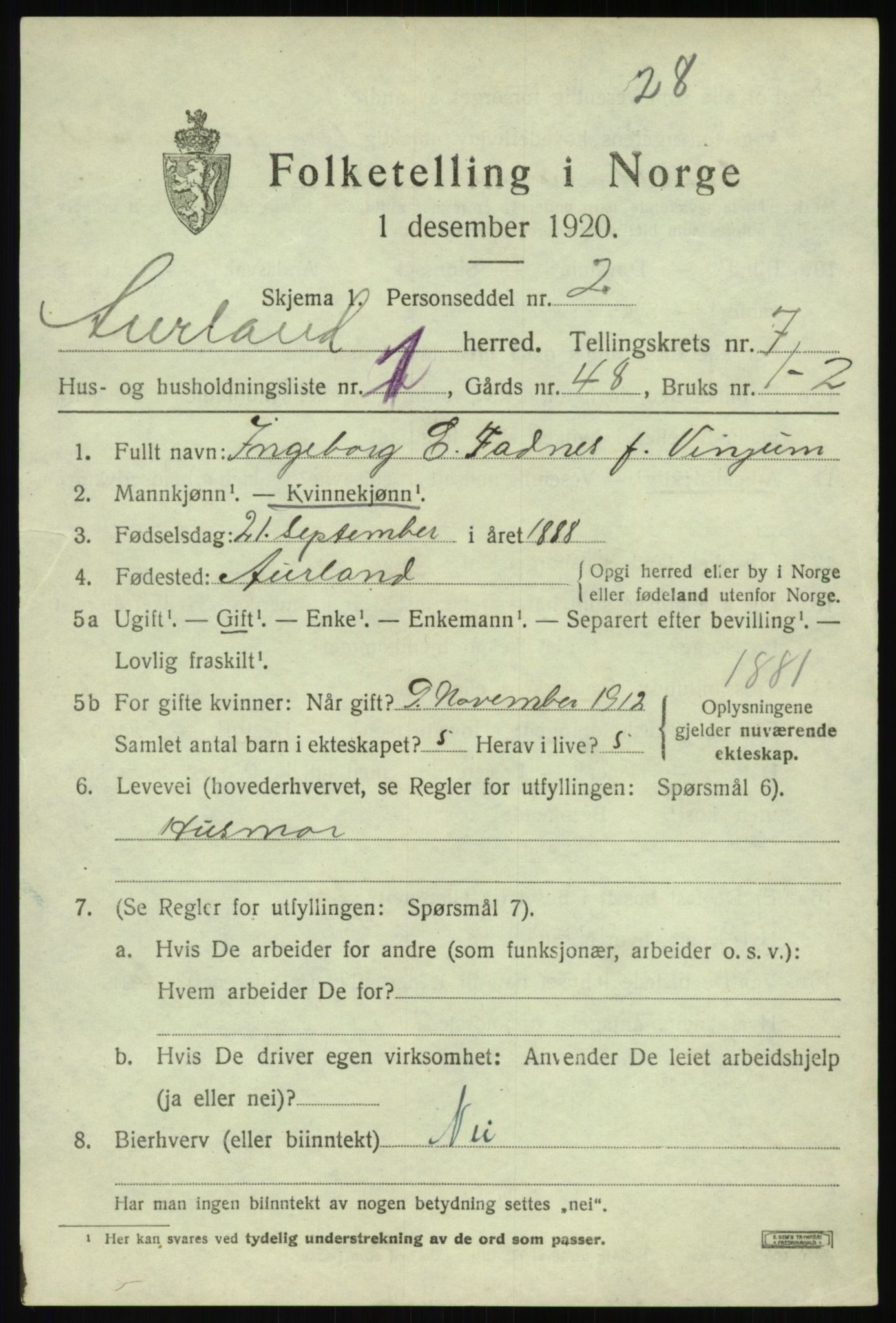 SAB, 1920 census for Aurland, 1920, p. 4072