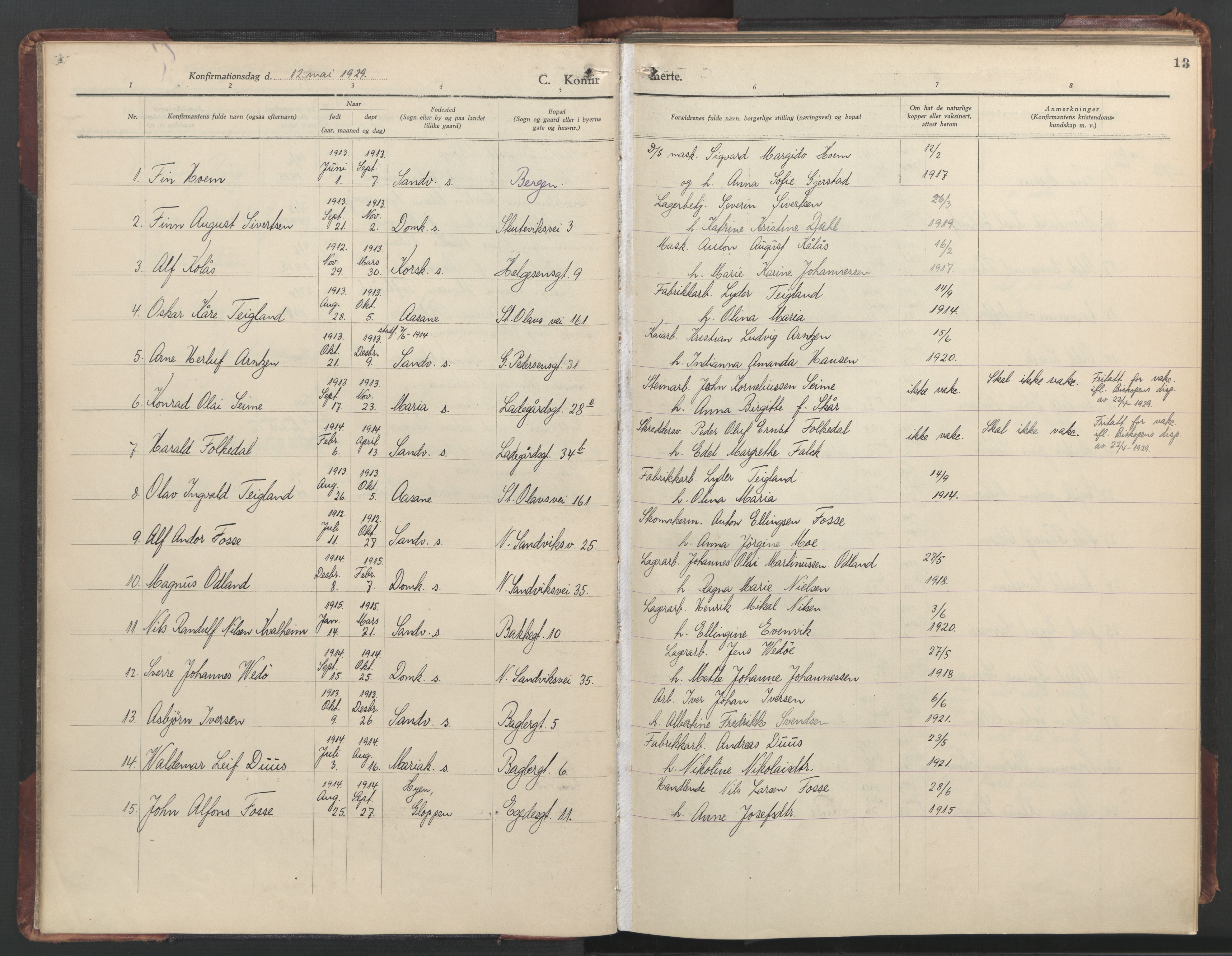 St. Olavs Sokneprestembete, AV/SAB-A-78101/H/Haa: Parish register (official) no. B 1, 1928-1968, p. 13