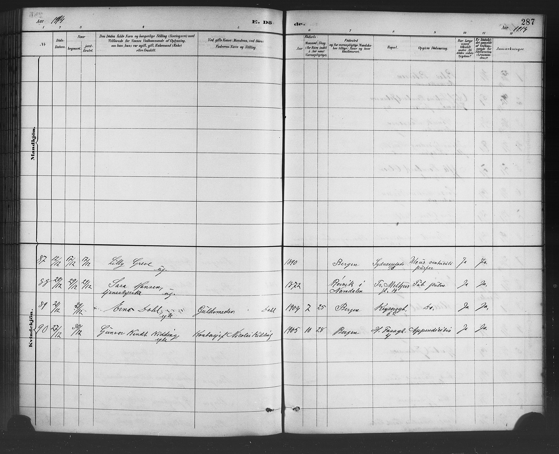 Johanneskirken sokneprestembete, SAB/A-76001/H/Hab: Parish register (copy) no. D 1, 1885-1915, p. 287