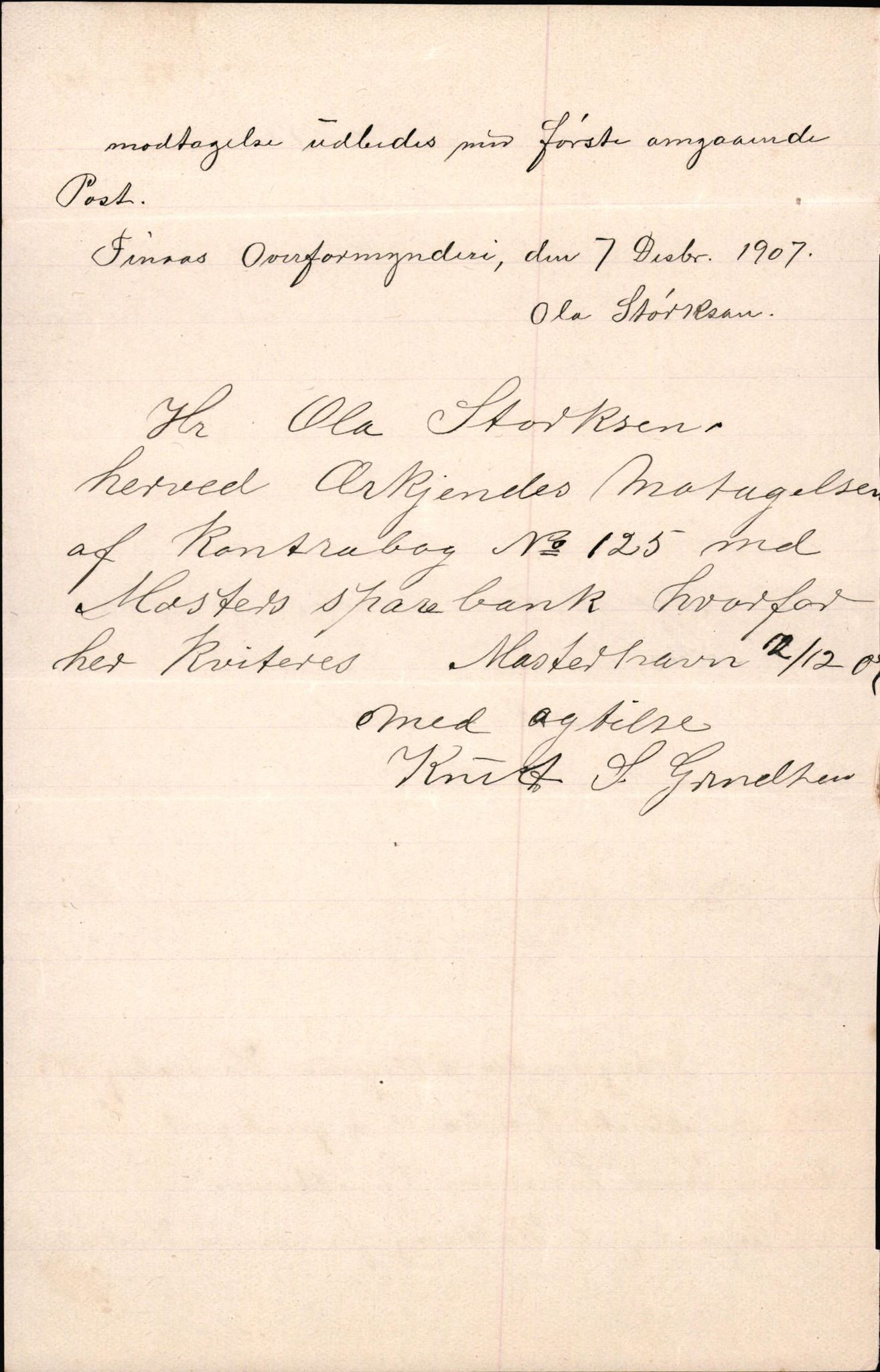 Finnaas kommune. Overformynderiet, IKAH/1218a-812/D/Da/Daa/L0002/0003: Kronologisk ordna korrespondanse / Kronologisk ordna korrespondanse, 1905-1909, p. 96