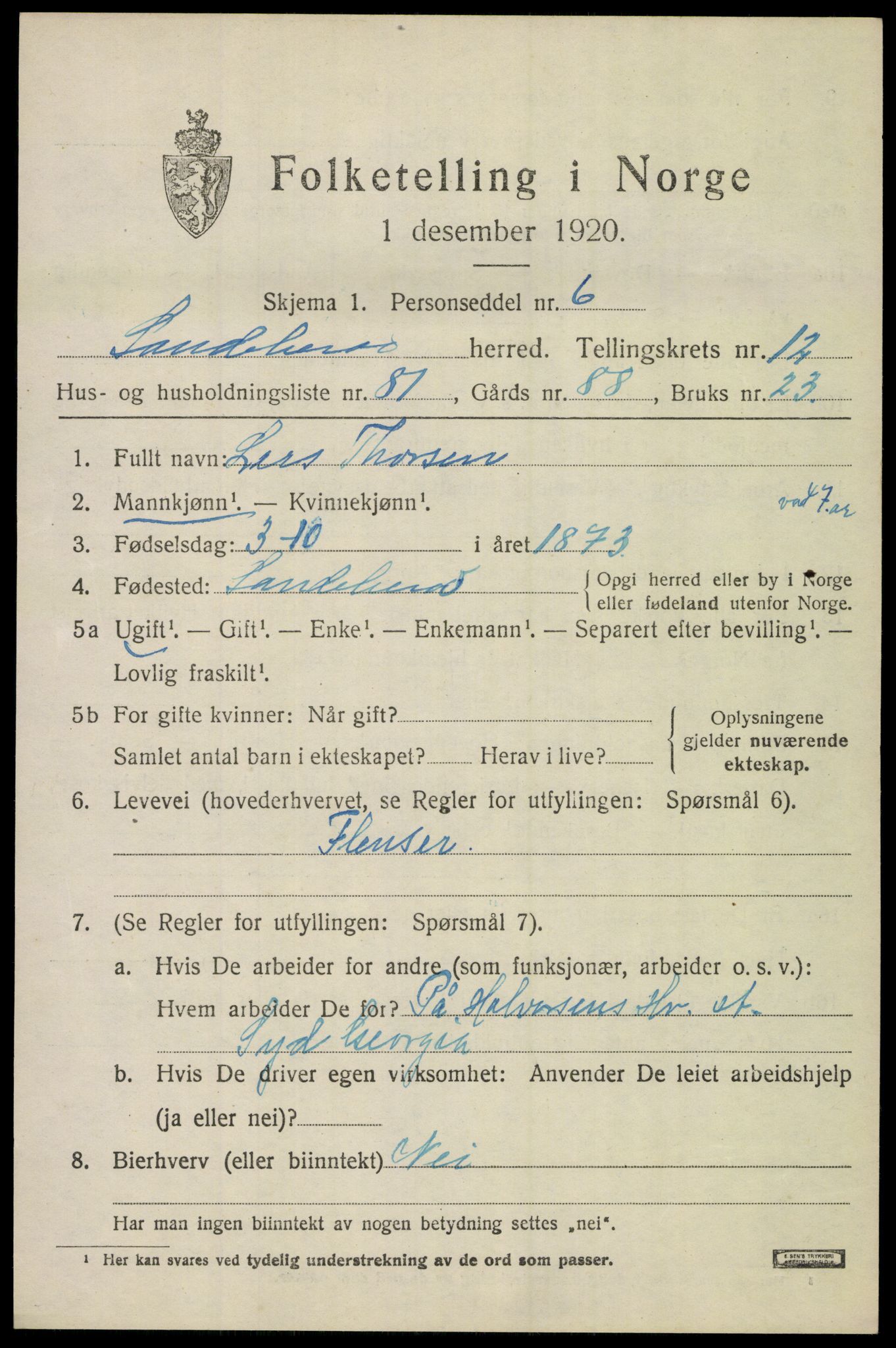 SAKO, 1920 census for Sandeherred, 1920, p. 19096