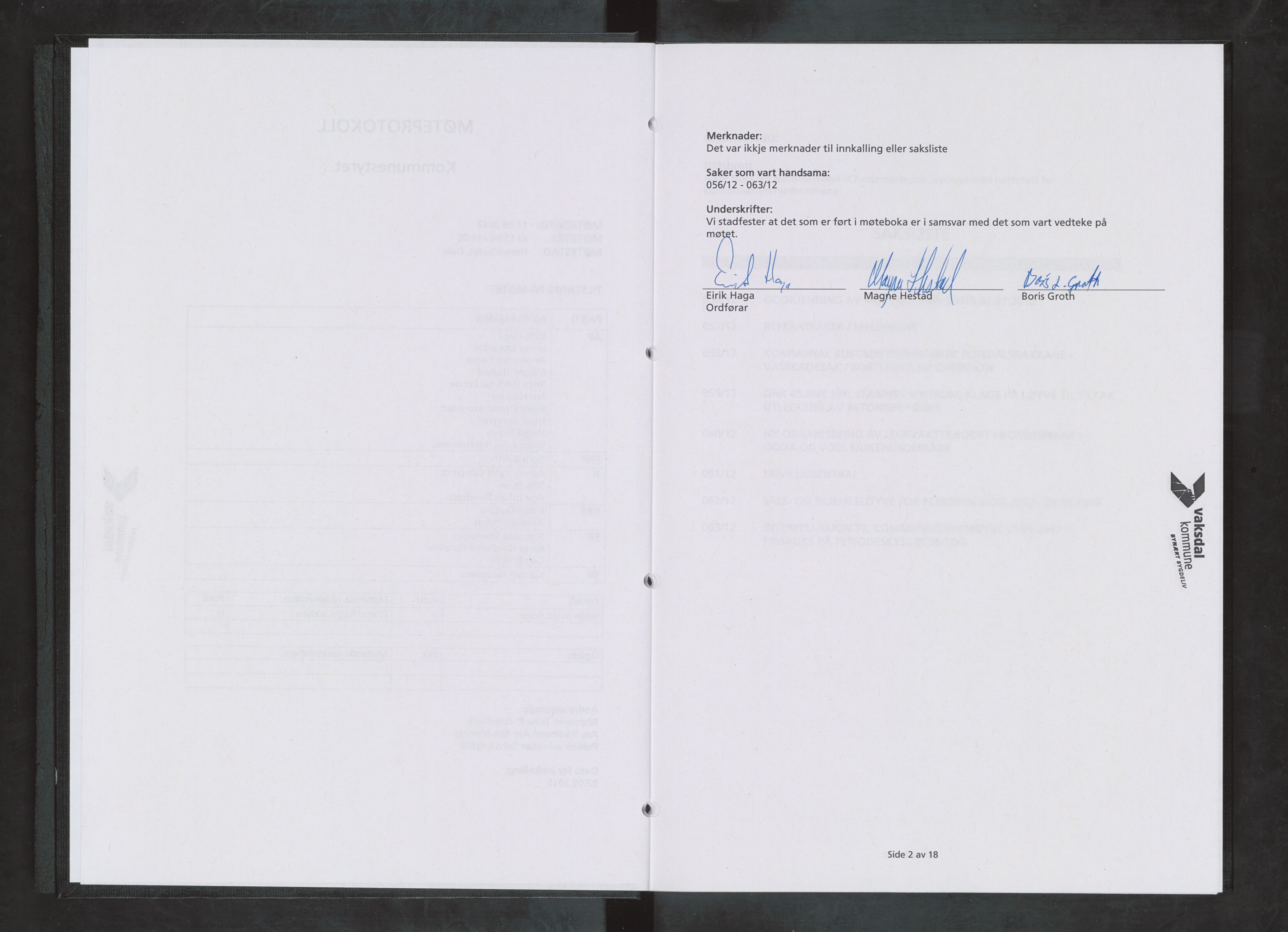 Vaksdal kommune. Formannskapet, IKAH/1251b-021/A/Ab/L0028: Møtebok for kommunestyret DEL II, 2012