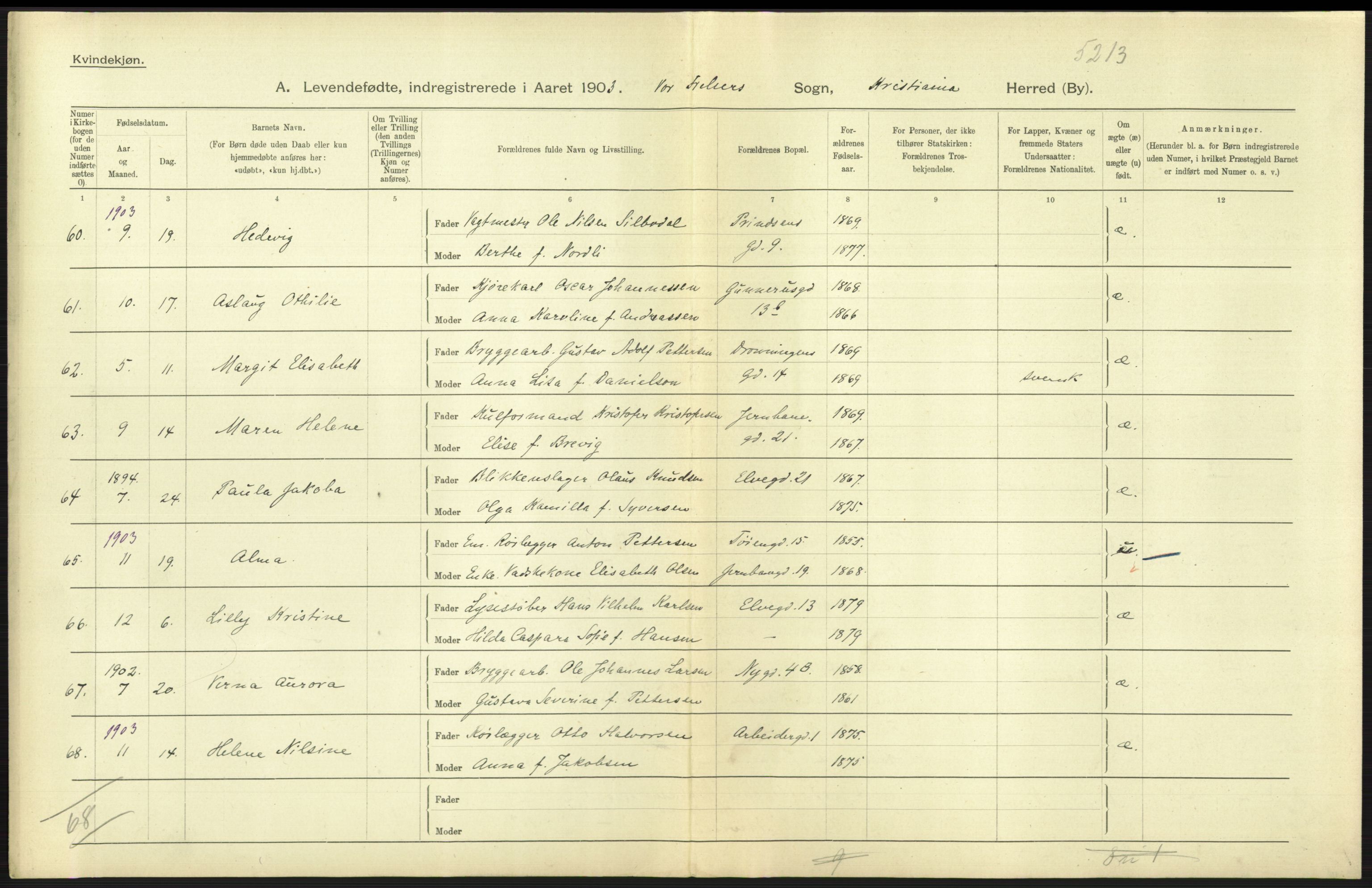 Statistisk sentralbyrå, Sosiodemografiske emner, Befolkning, AV/RA-S-2228/D/Df/Dfa/Dfaa/L0003: Kristiania: Fødte, 1903, p. 445