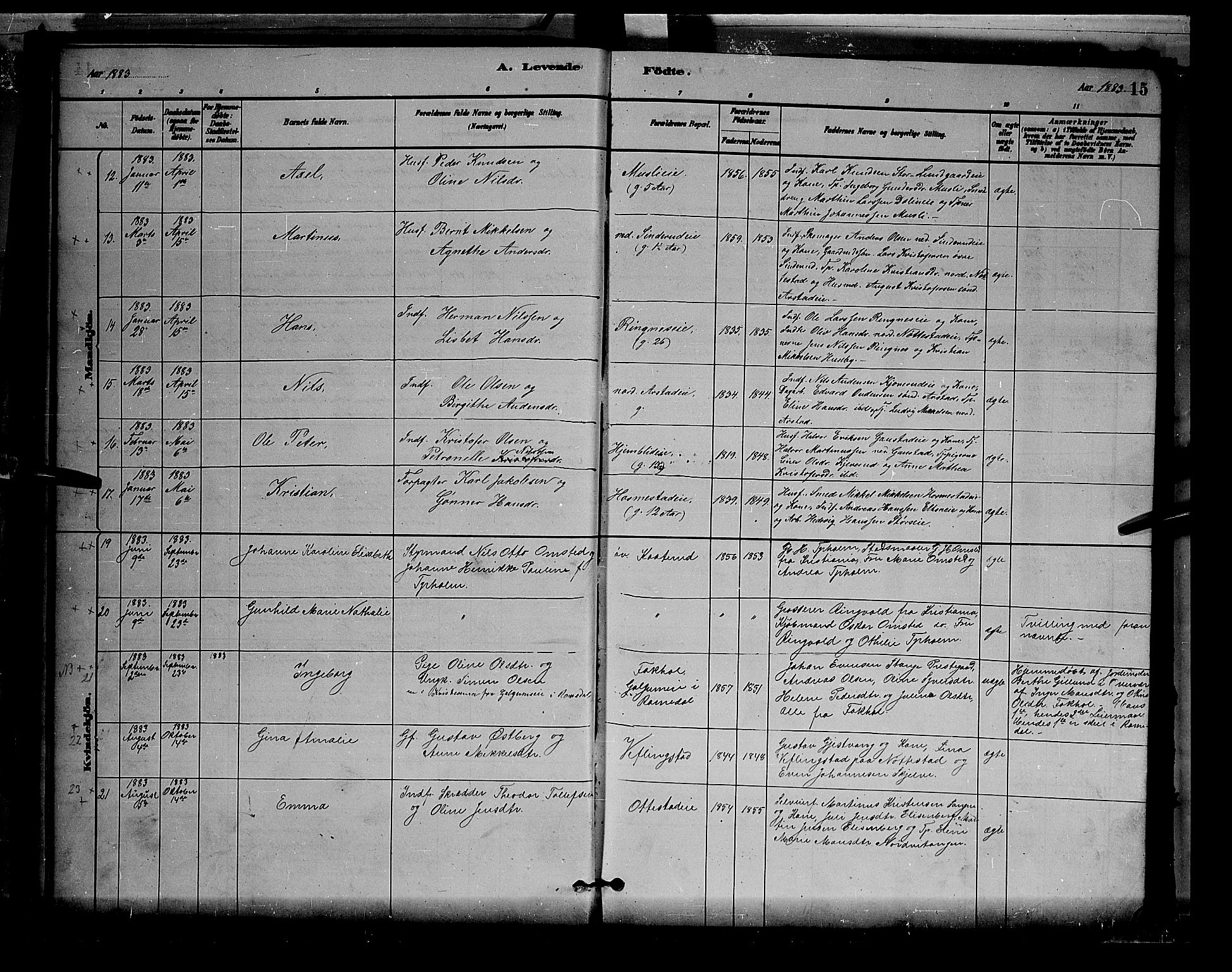 Stange prestekontor, AV/SAH-PREST-002/L/L0007: Parish register (copy) no. 7, 1880-1893, p. 15