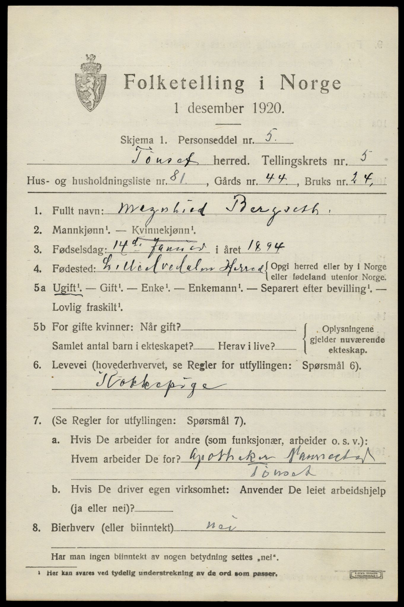 SAH, 1920 census for Tynset, 1920, p. 5474