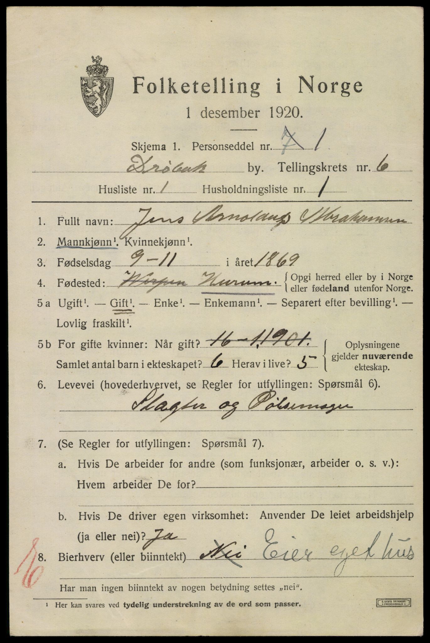 SAO, 1920 census for Drøbak, 1920, p. 4957
