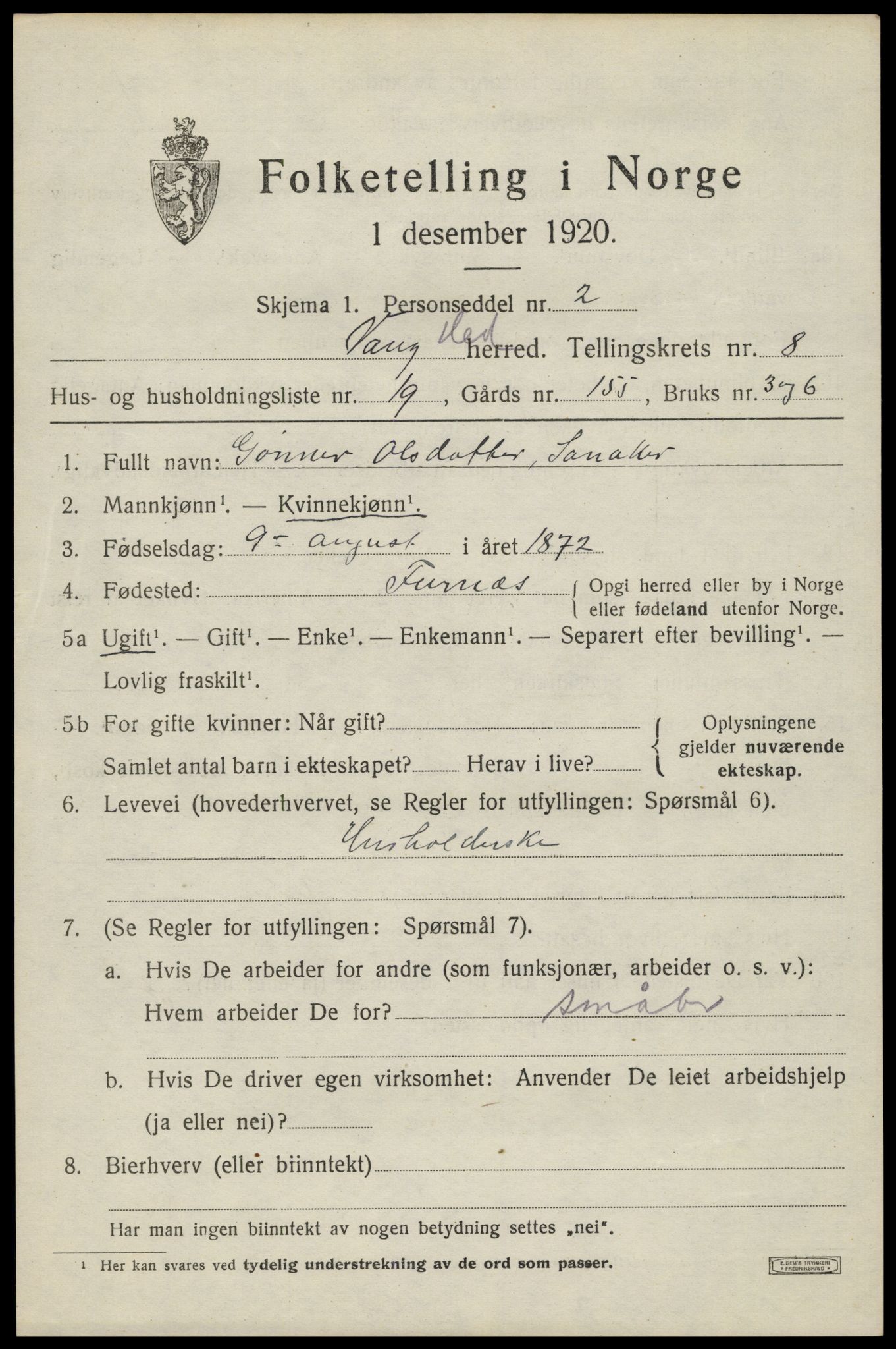 SAH, 1920 census for Vang (Hedmark), 1920, p. 17649