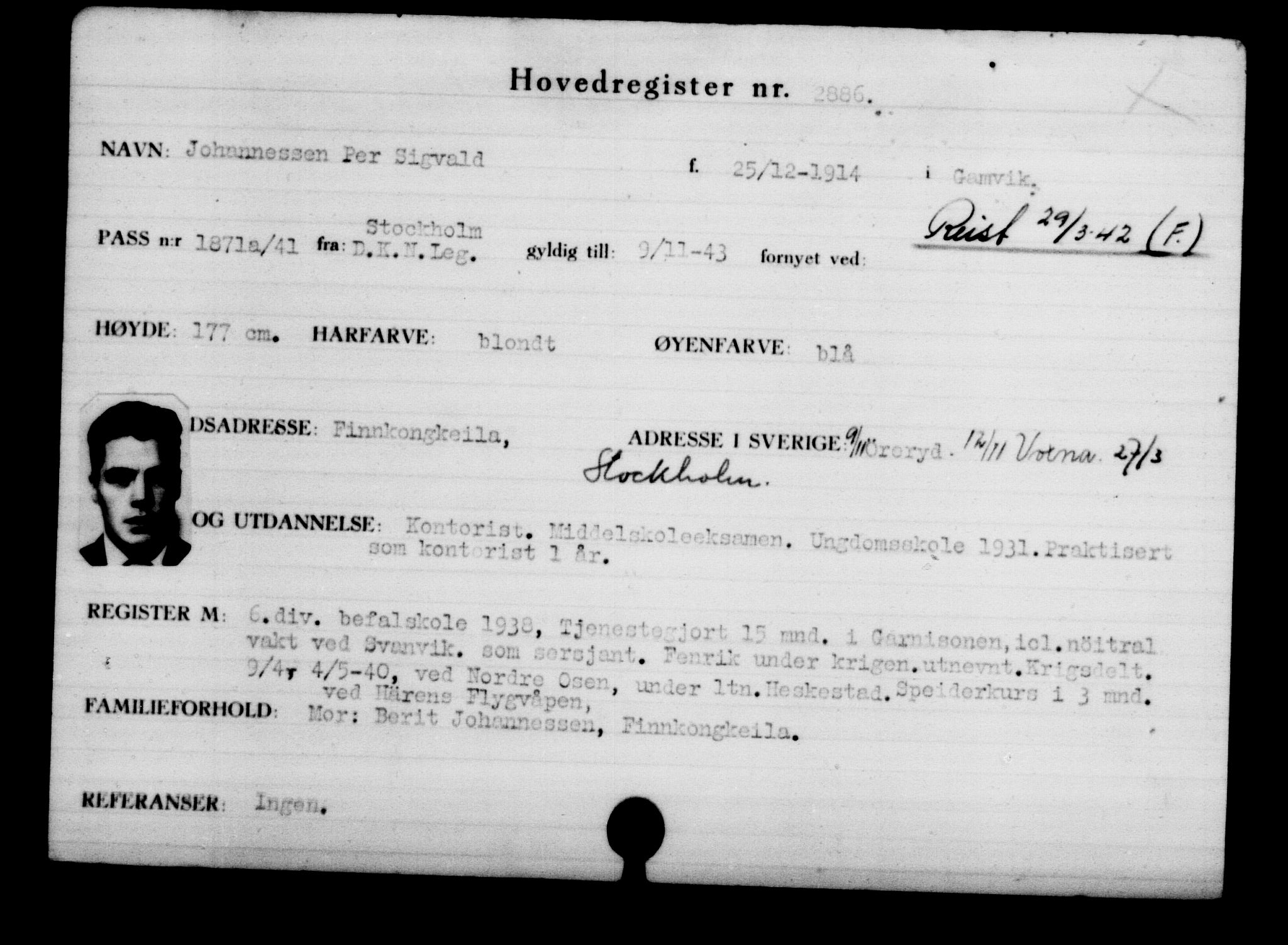 Utenriksstasjonene, Legasjonen i Stockholm, Flyktningkontoret, AV/RA-S-6753/V/Va/L0003: Kjesäterkartoteket, flyktninger med registreringsnr. 2001-3495, 1940-1945, p. 1289