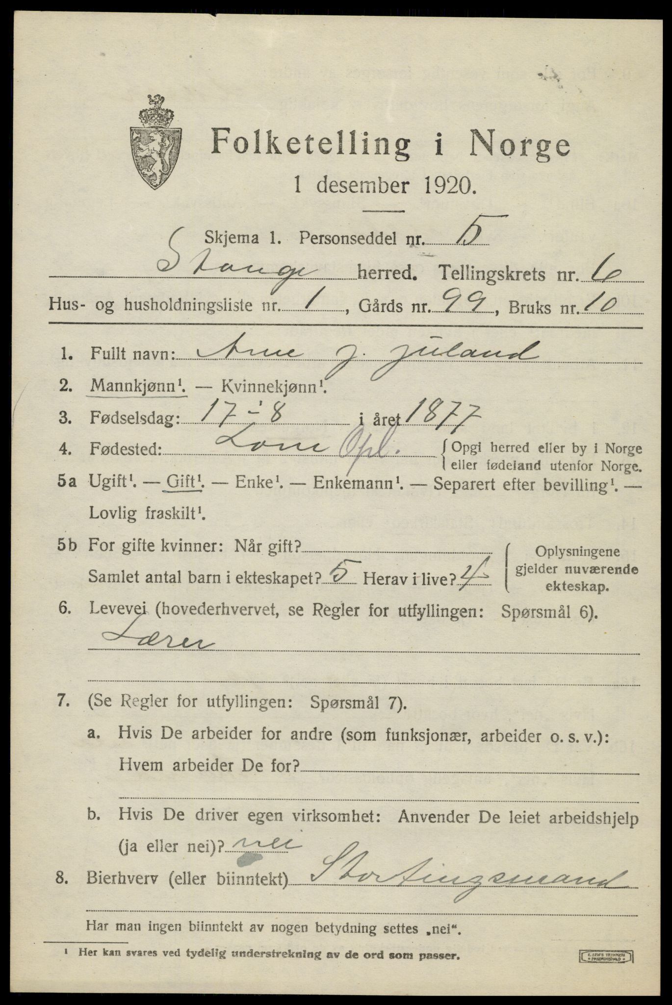 SAH, 1920 census for Stange, 1920, p. 10603