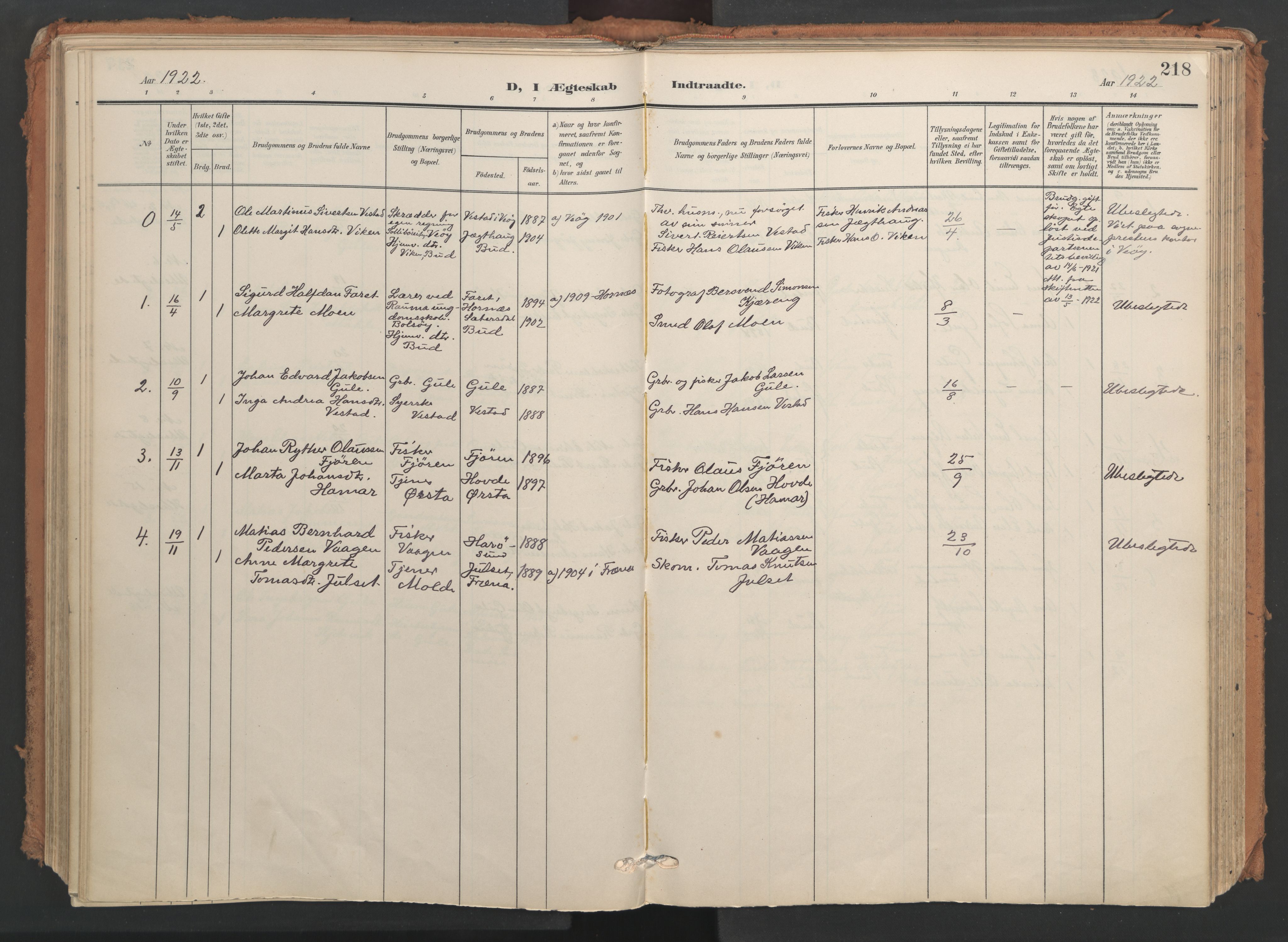 Ministerialprotokoller, klokkerbøker og fødselsregistre - Møre og Romsdal, AV/SAT-A-1454/566/L0771: Parish register (official) no. 566A10, 1904-1929, p. 218