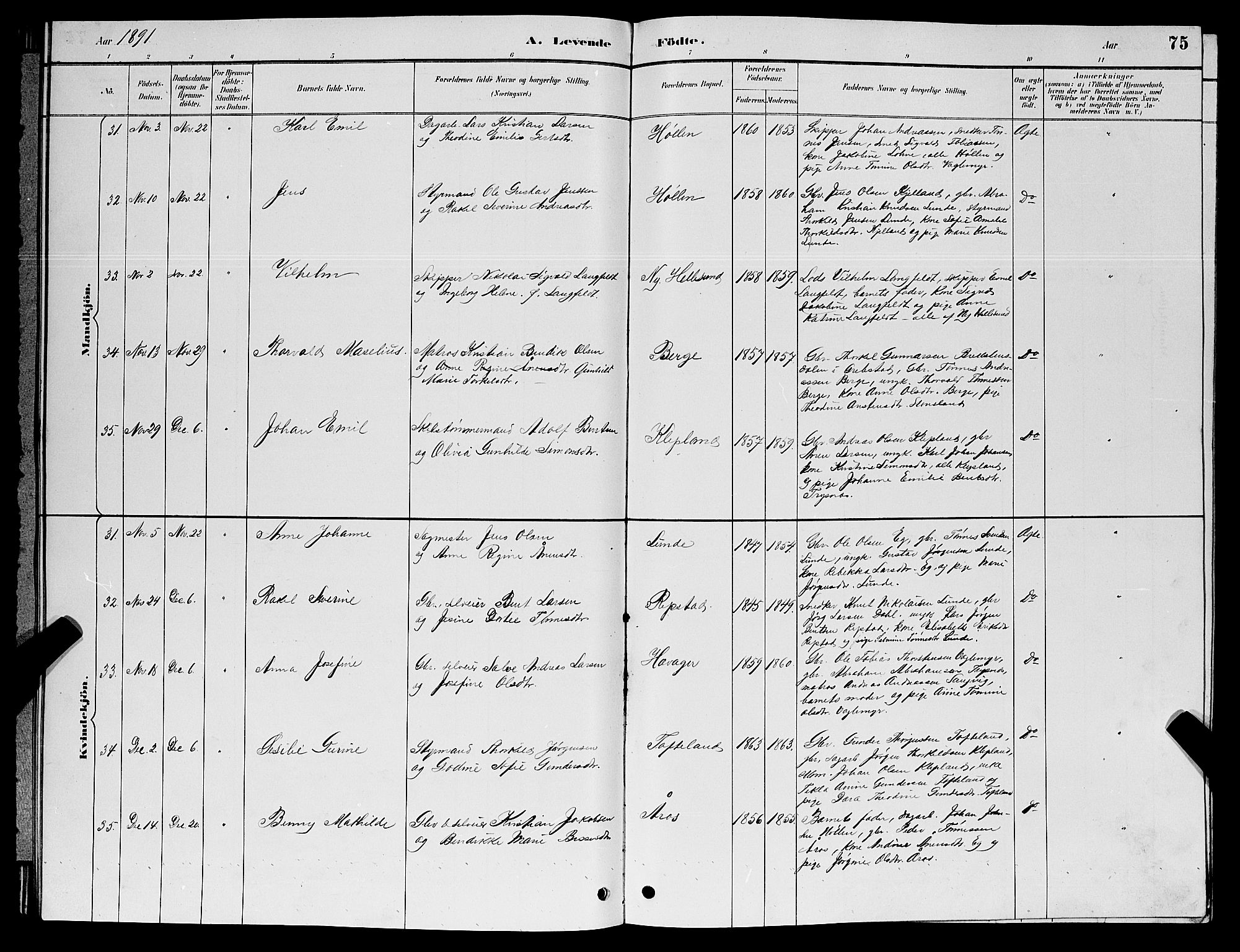 Søgne sokneprestkontor, AV/SAK-1111-0037/F/Fb/Fbb/L0005: Parish register (copy) no. B 5, 1884-1891, p. 75