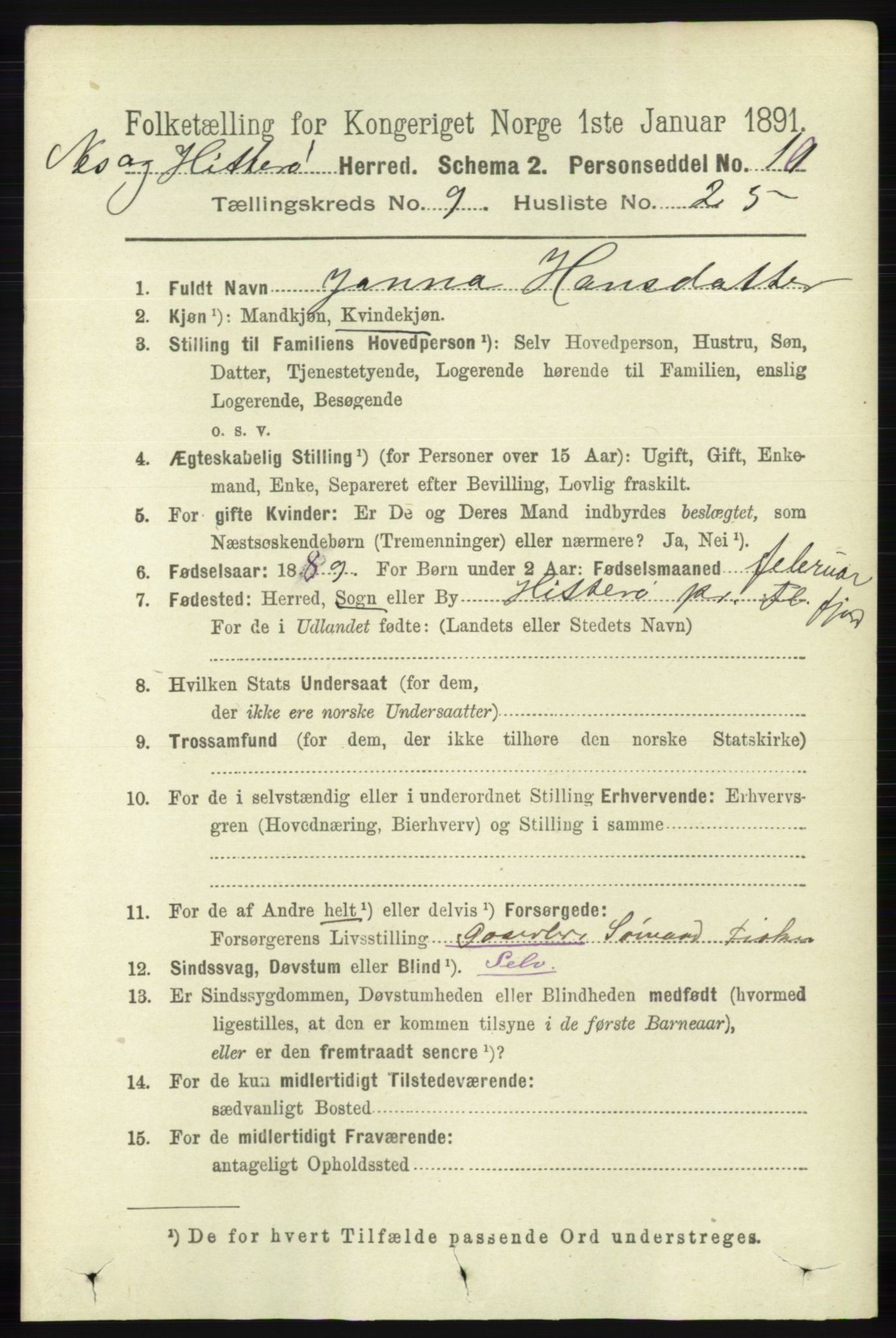 RA, 1891 census for 1043 Hidra og Nes, 1891, p. 3888