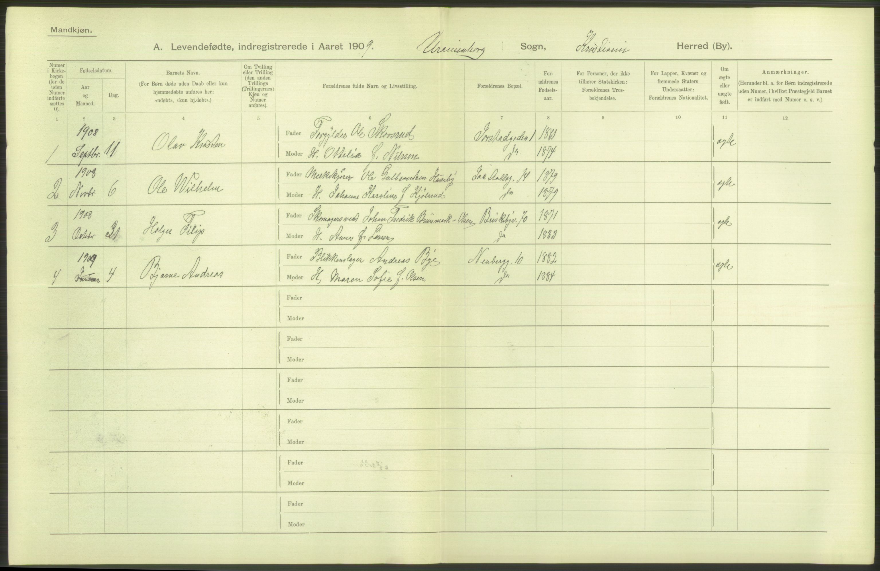 Statistisk sentralbyrå, Sosiodemografiske emner, Befolkning, AV/RA-S-2228/D/Df/Dfa/Dfag/L0007: Kristiania: Levendefødte menn og kvinner., 1909, p. 58
