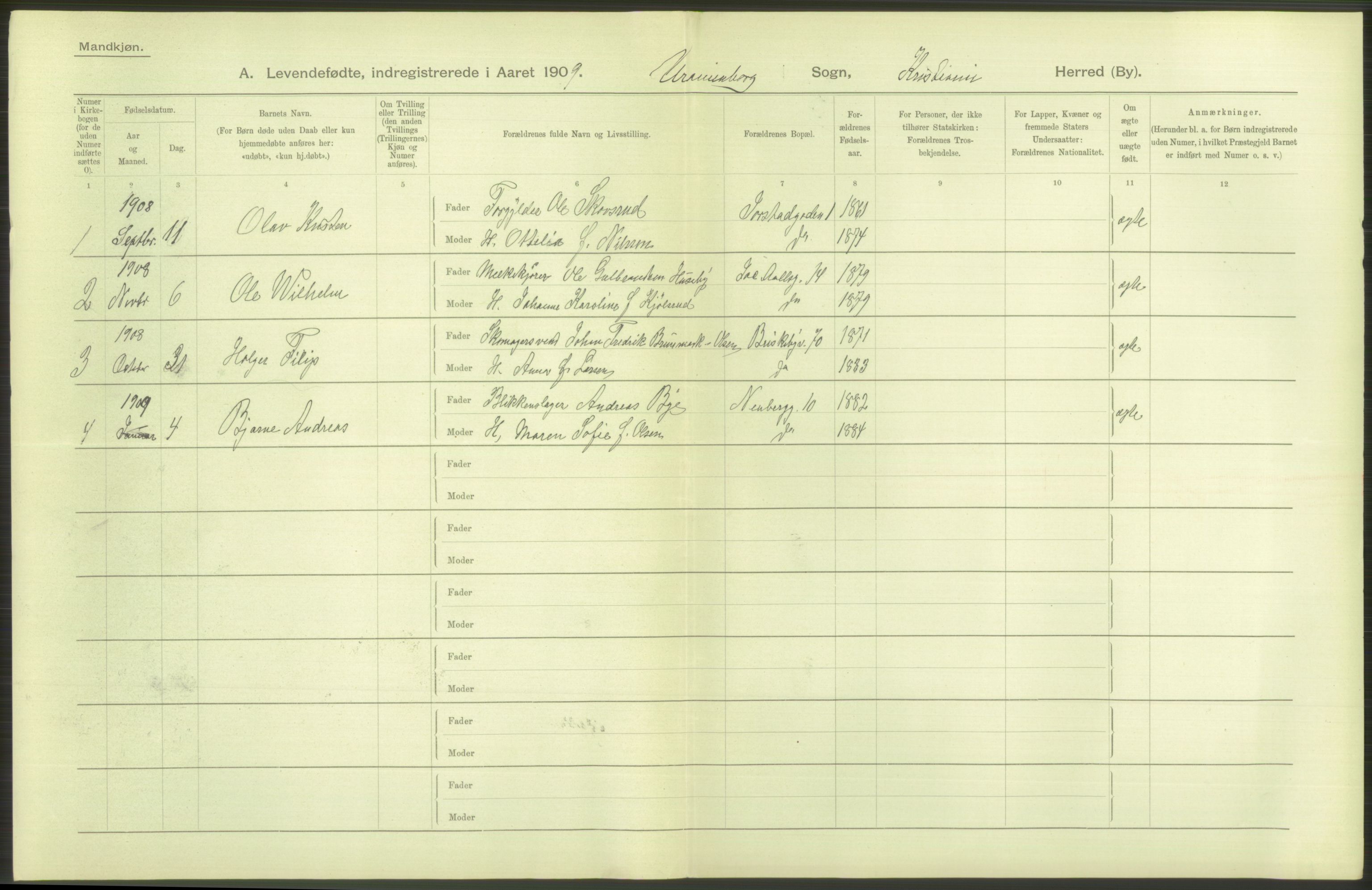 Statistisk sentralbyrå, Sosiodemografiske emner, Befolkning, RA/S-2228/D/Df/Dfa/Dfag/L0007: Kristiania: Levendefødte menn og kvinner., 1909, p. 58