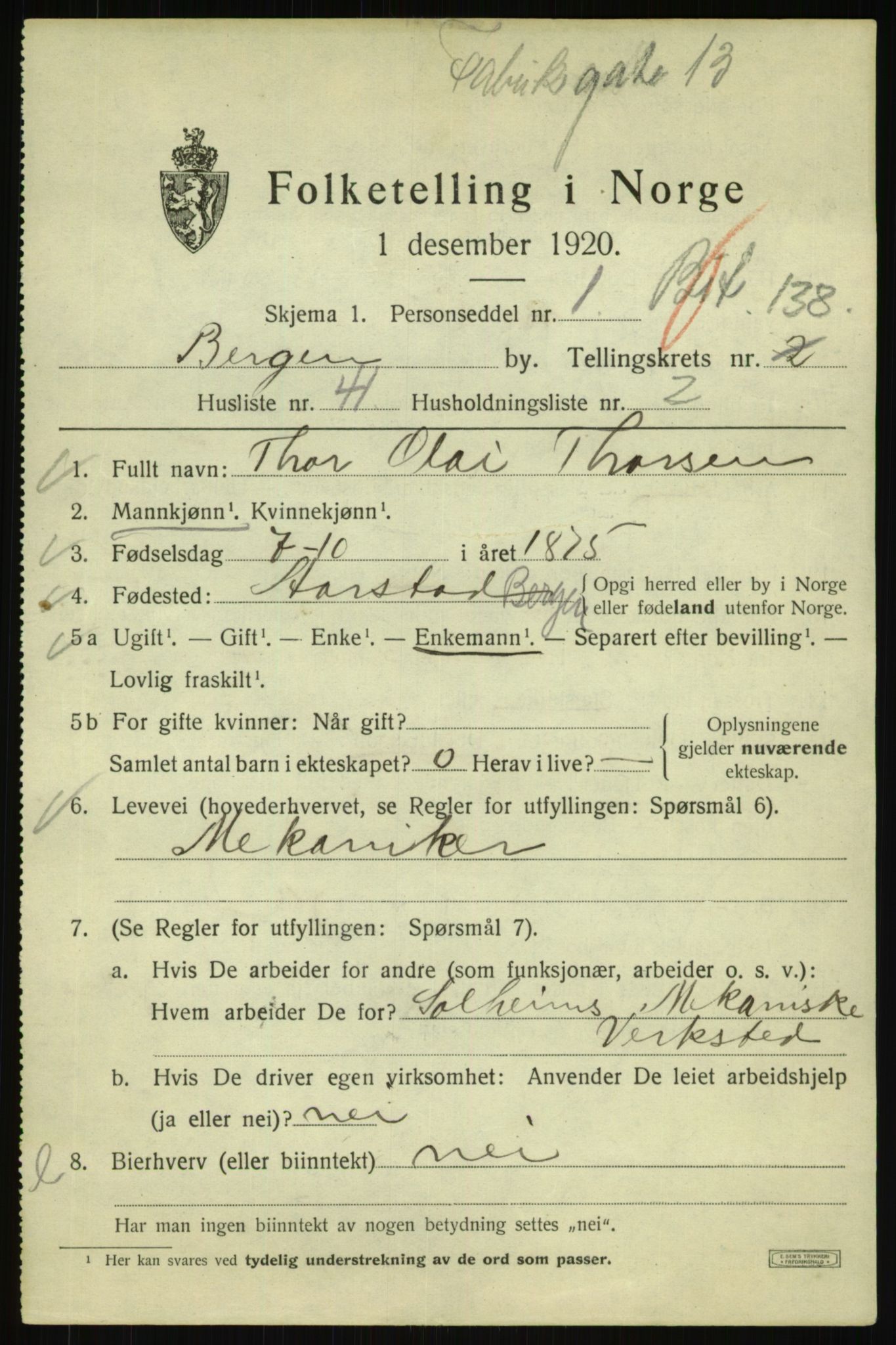SAB, 1920 census for Bergen, 1920, p. 233818