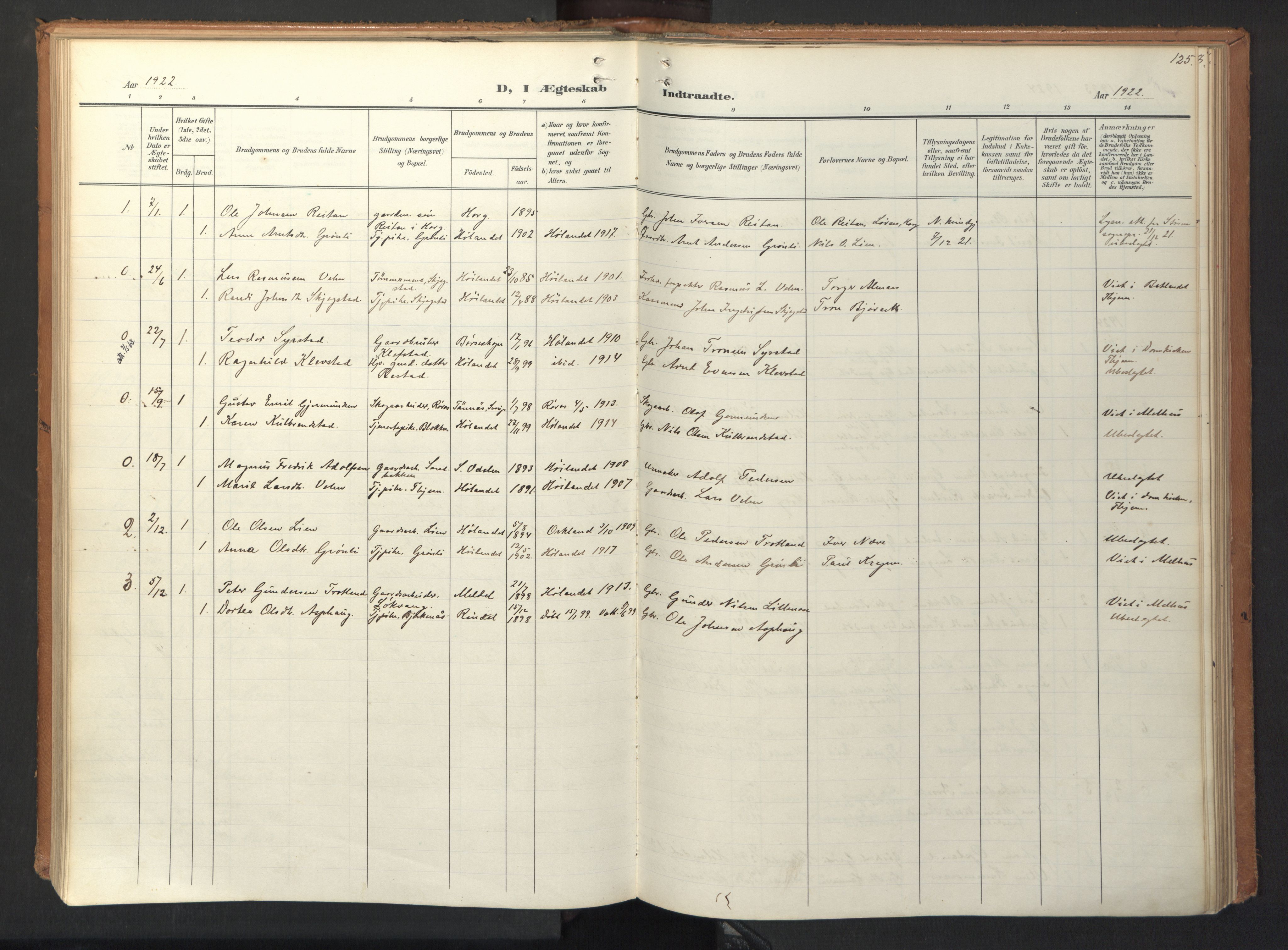 Ministerialprotokoller, klokkerbøker og fødselsregistre - Sør-Trøndelag, SAT/A-1456/694/L1128: Parish register (official) no. 694A02, 1906-1931, p. 125