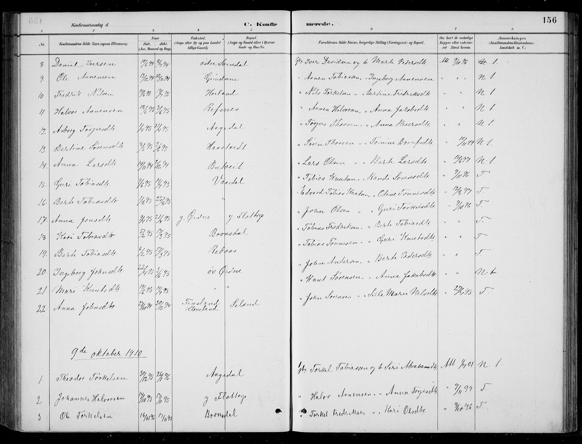 Bjelland sokneprestkontor, SAK/1111-0005/F/Fb/Fbc/L0003: Parish register (copy) no. B 3, 1887-1924, p. 156