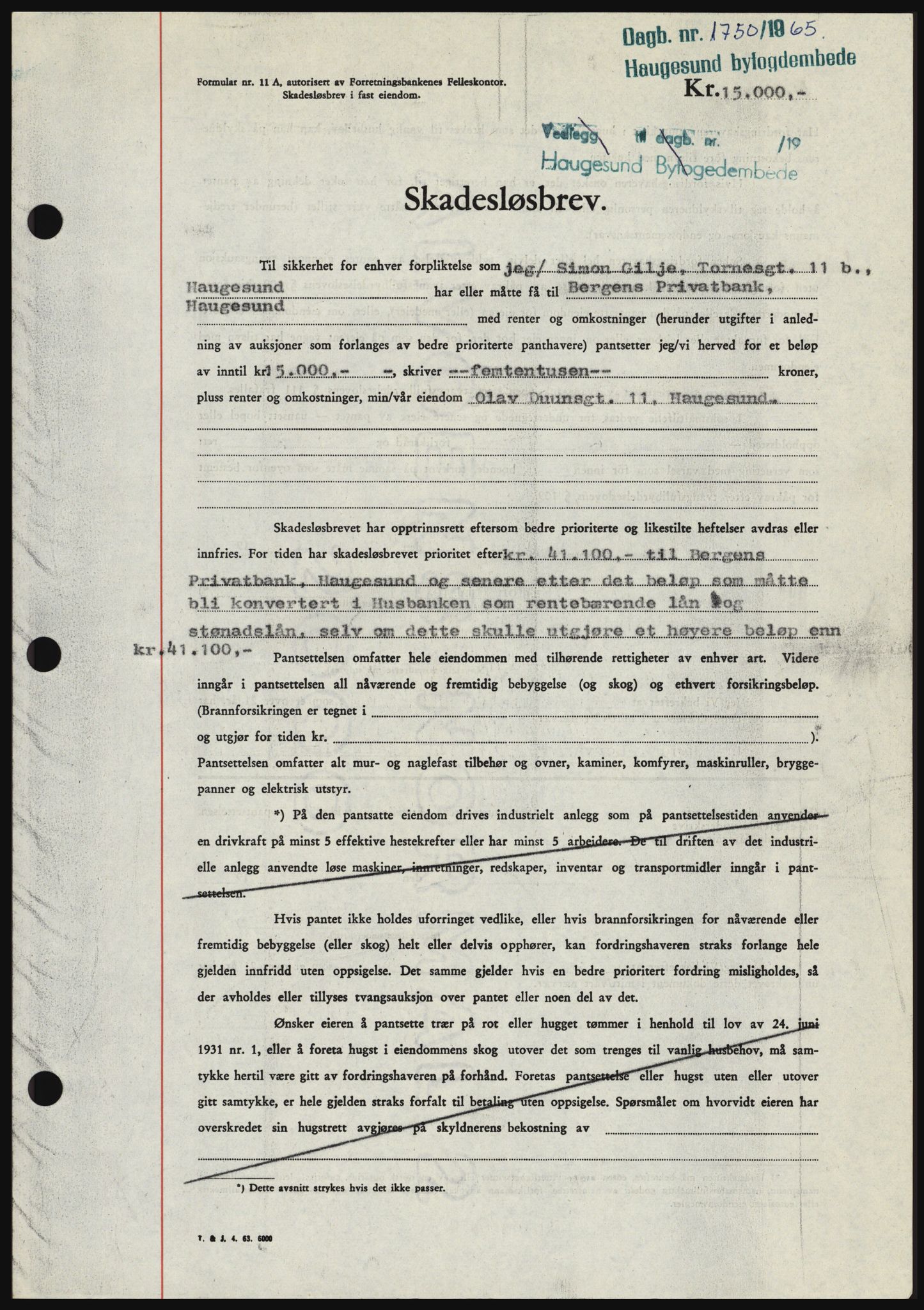 Haugesund tingrett, SAST/A-101415/01/II/IIC/L0053: Mortgage book no. B 53, 1965-1965, Diary no: : 1750/1965