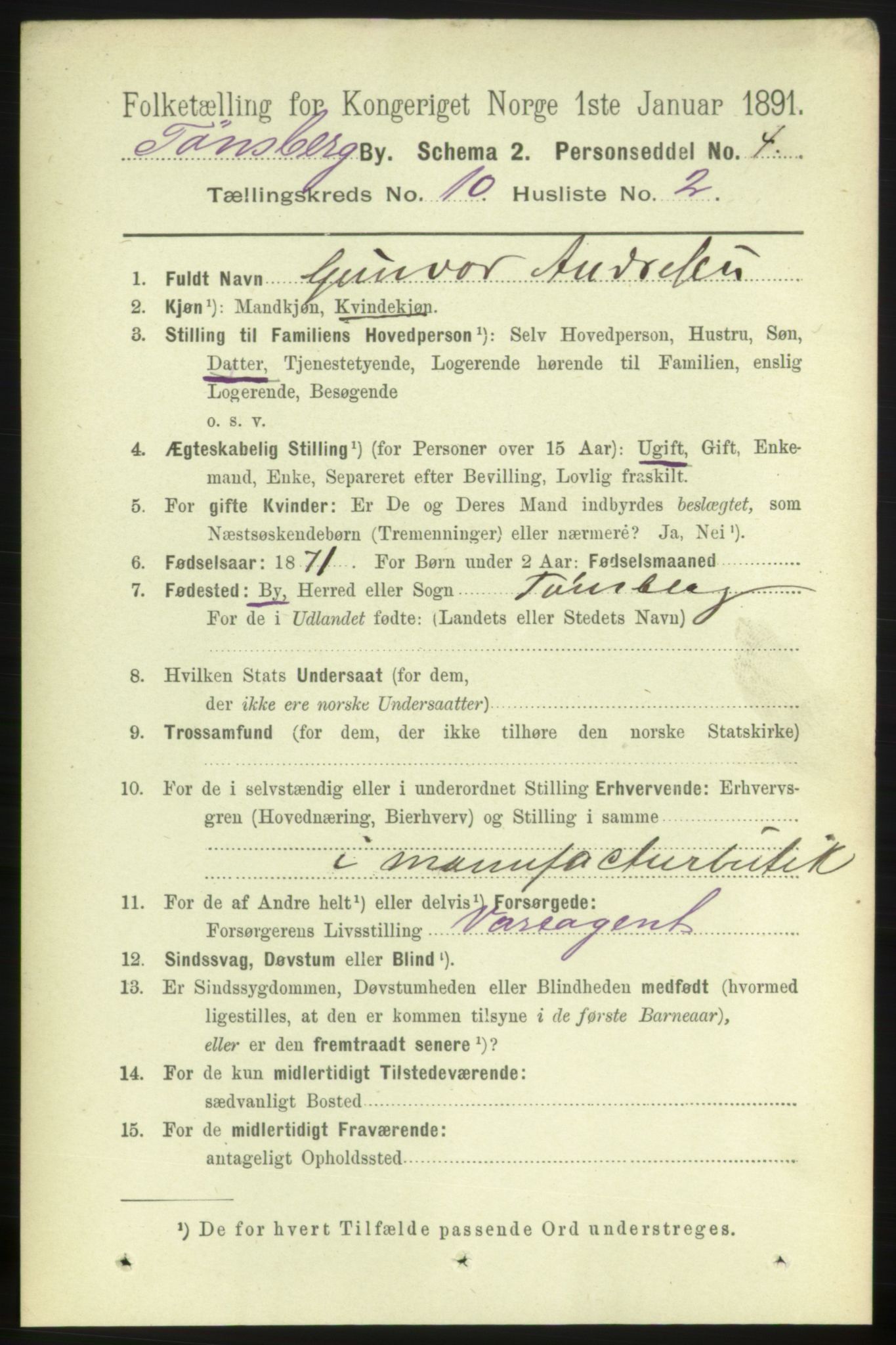 RA, 1891 census for 0705 Tønsberg, 1891, p. 3612