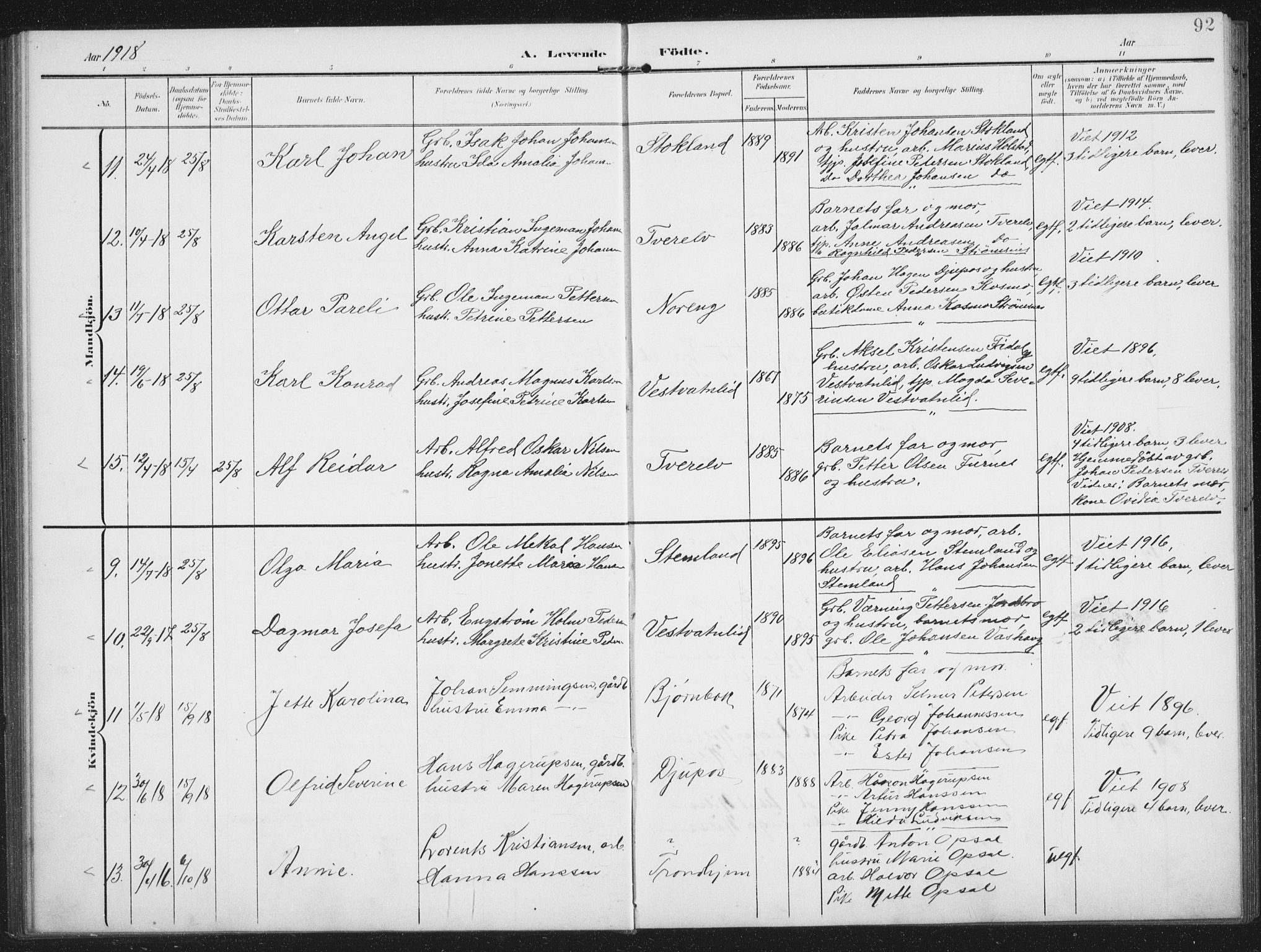 Ministerialprotokoller, klokkerbøker og fødselsregistre - Nordland, AV/SAT-A-1459/851/L0726: Parish register (copy) no. 851C01, 1902-1924, p. 92