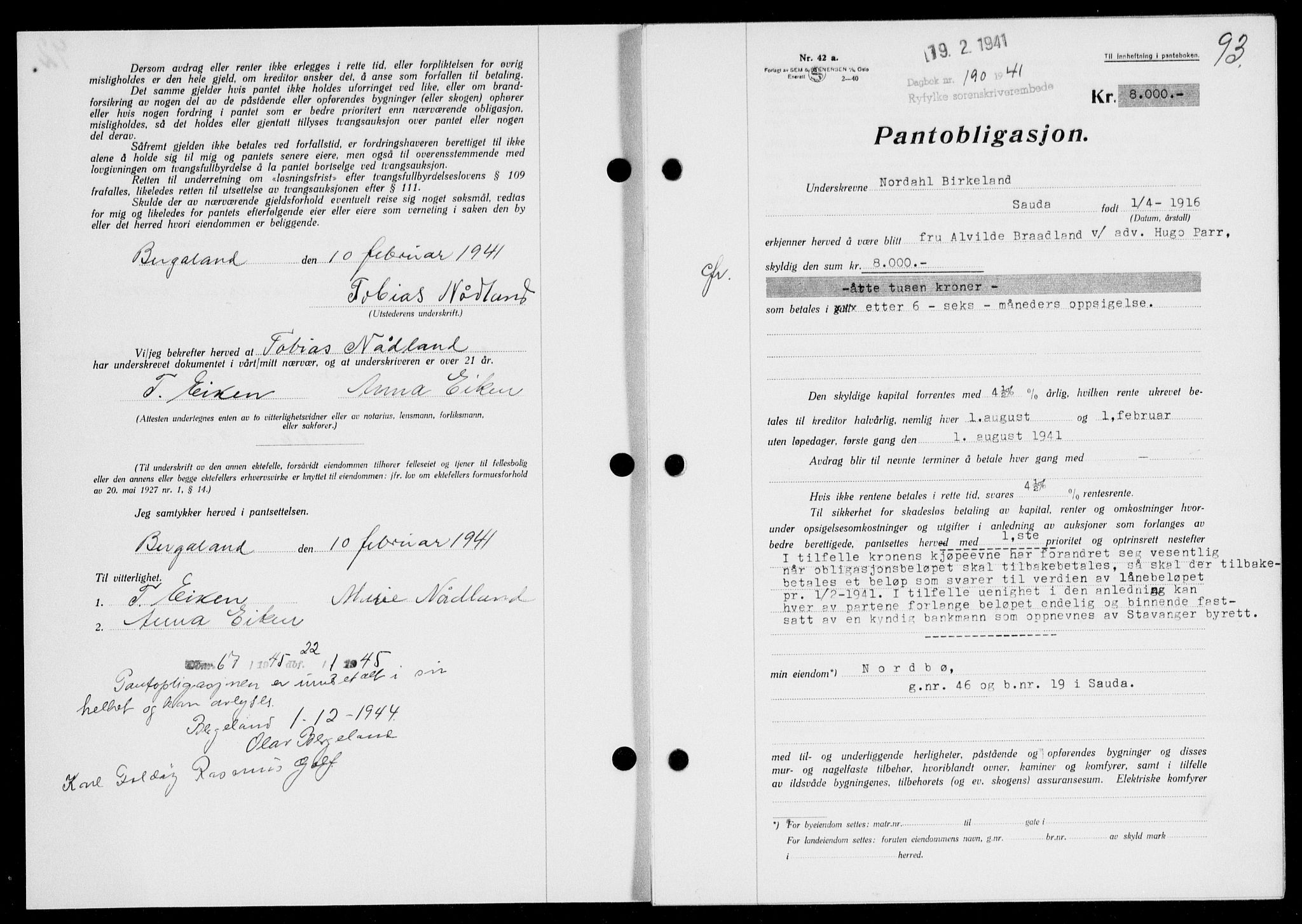 Ryfylke tingrett, SAST/A-100055/001/II/IIB/L0083: Mortgage book no. 62, 1941-1941, Diary no: : 190/1941