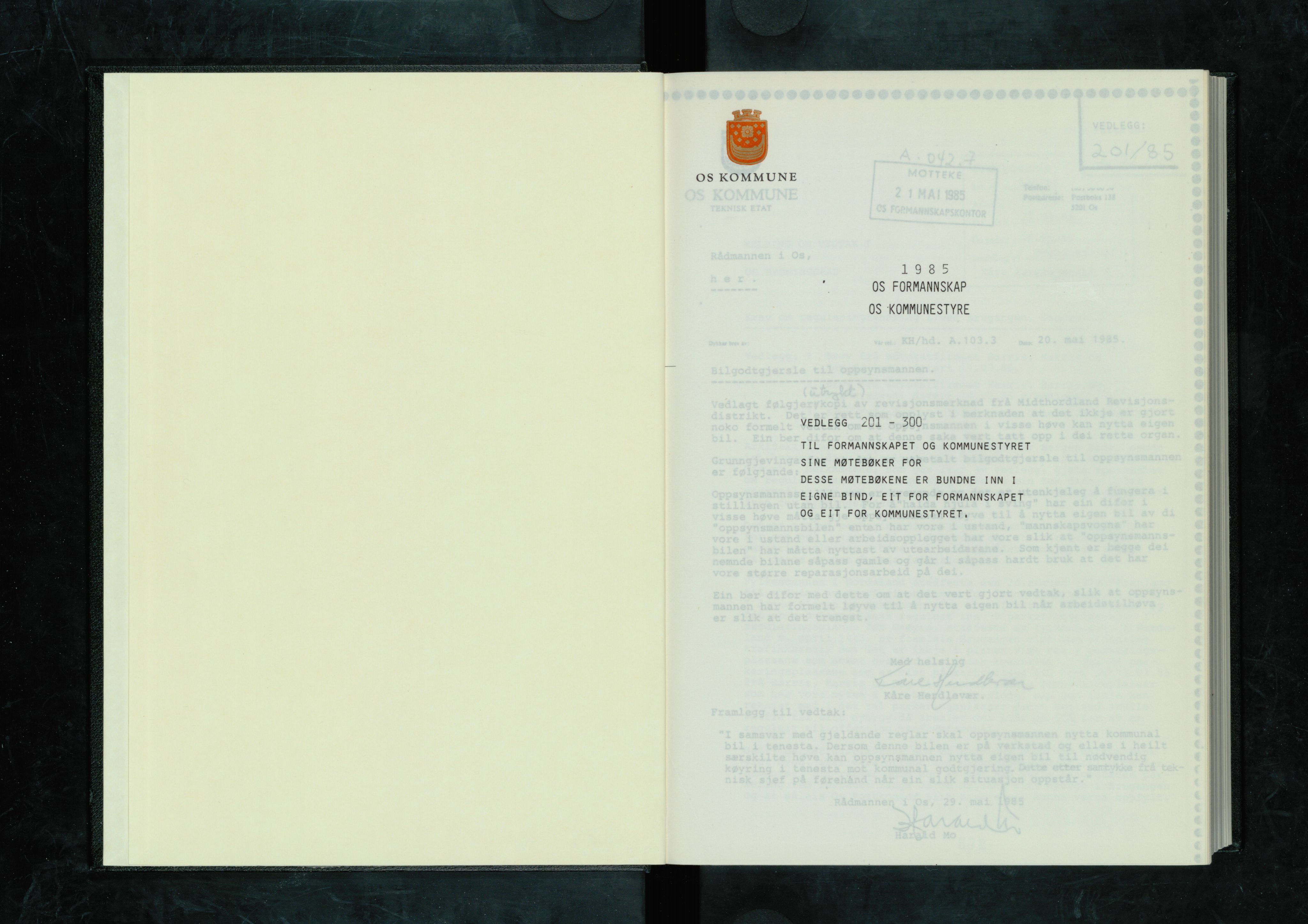 Os kommune. Formannskapet, IKAH/1243-021/A/Ad/L0060: Protokollar over saksvedlegg til møtebøker for formannskapet og kommunestyret. Vedlegg 201-437, 1985