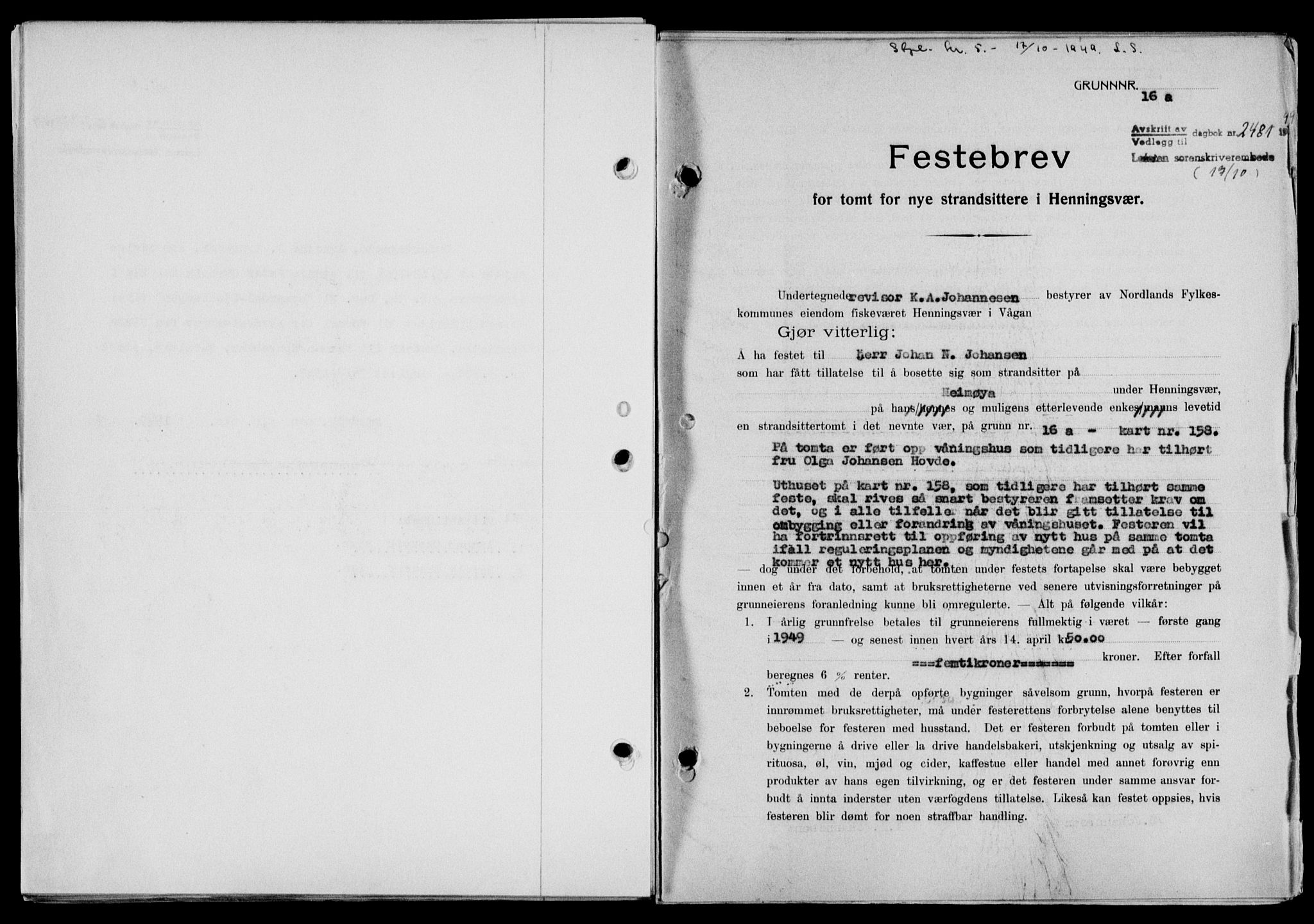 Lofoten sorenskriveri, SAT/A-0017/1/2/2C/L0022a: Mortgage book no. 22a, 1949-1950, Diary no: : 2481/1949