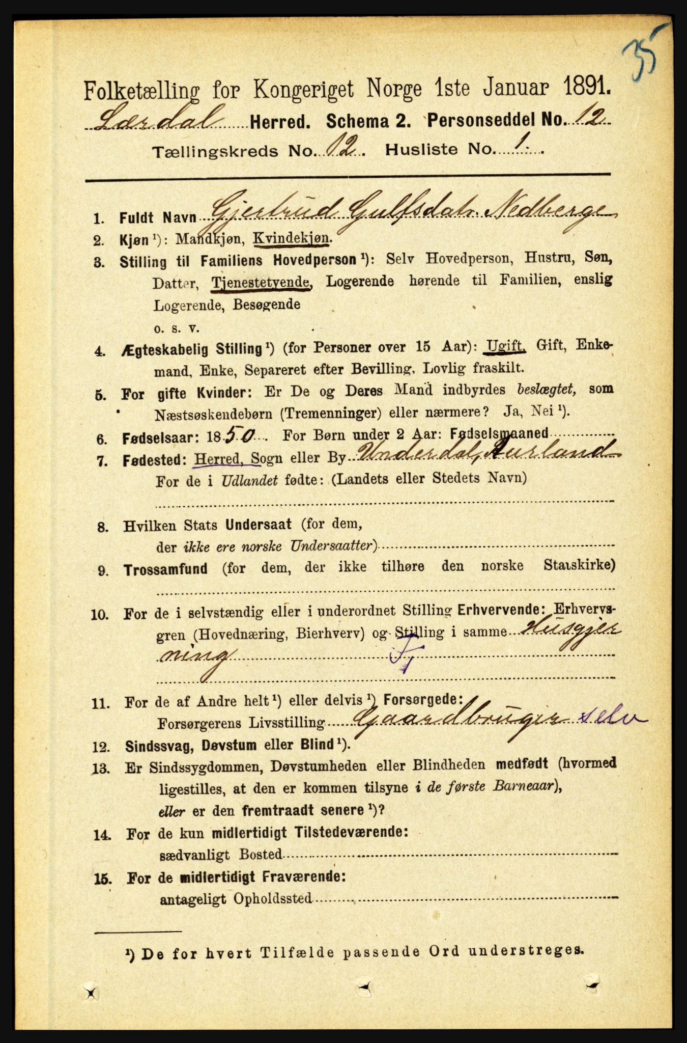 RA, 1891 census for 1422 Lærdal, 1891, p. 2559