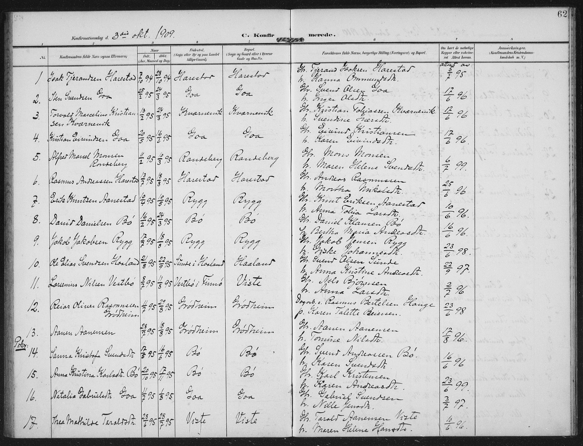 Hetland sokneprestkontor, AV/SAST-A-101826/30/30BA: Parish register (official) no. A 14, 1905-1919, p. 62
