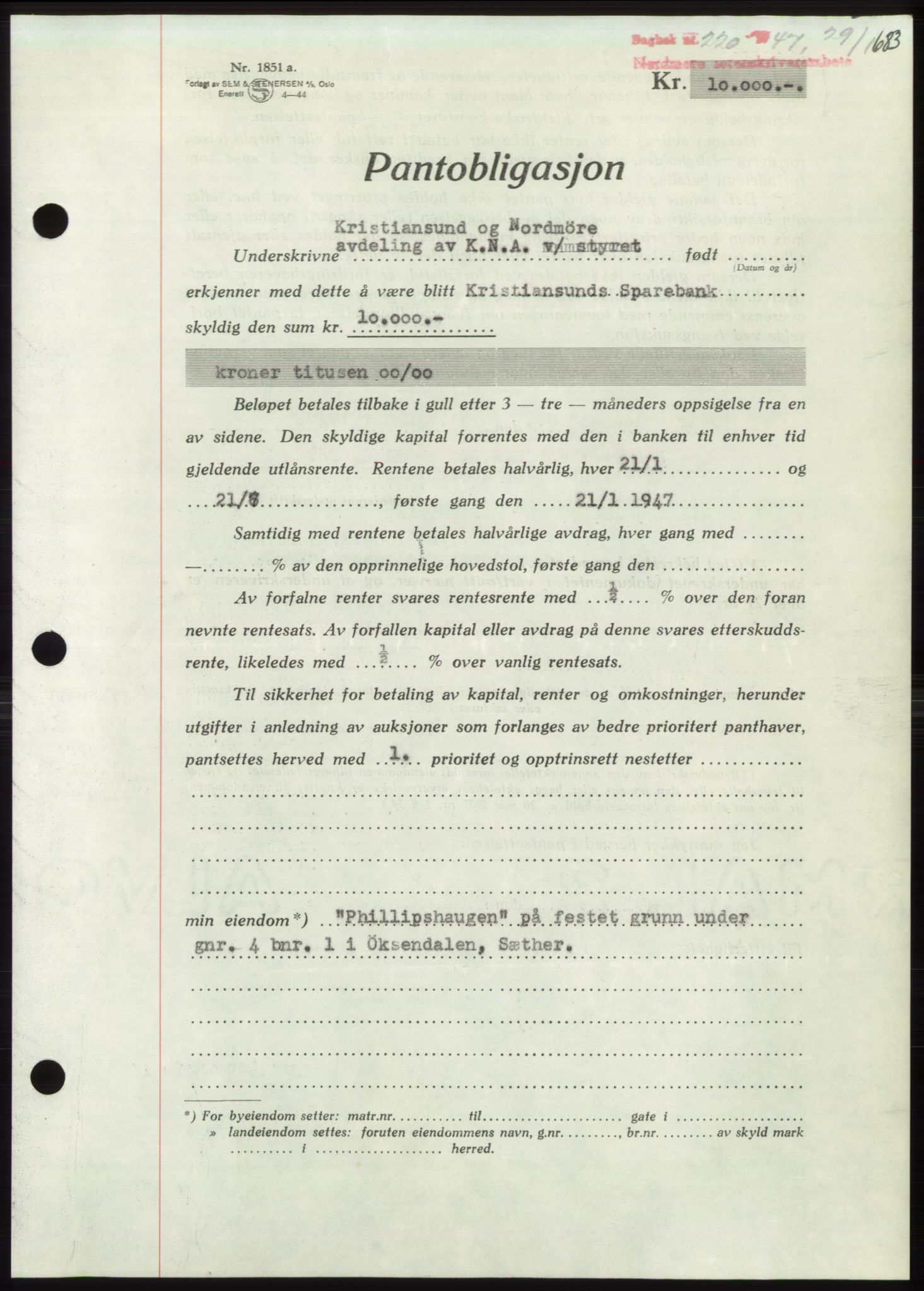 Nordmøre sorenskriveri, AV/SAT-A-4132/1/2/2Ca: Mortgage book no. B95, 1946-1947, Diary no: : 220/1947