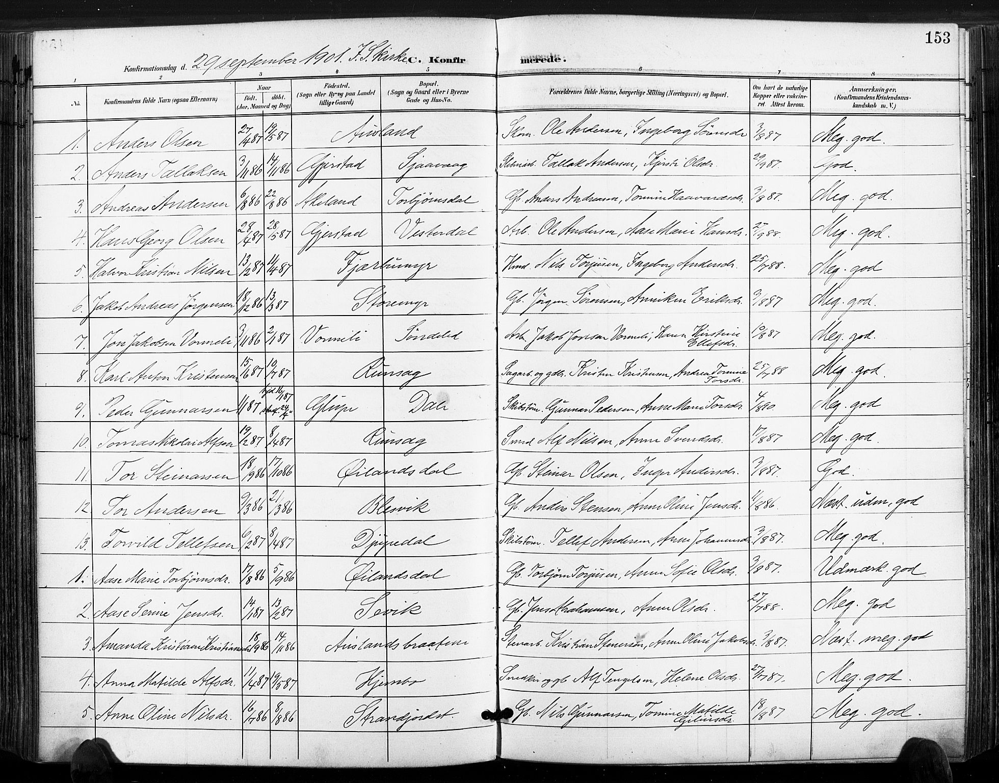 Søndeled sokneprestkontor, AV/SAK-1111-0038/F/Fa/L0006: Parish register (official) no. A 6, 1900-1922, p. 153