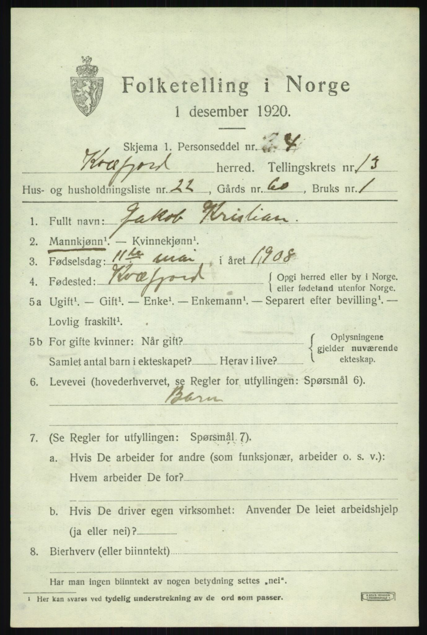 SATØ, 1920 census for Kvæfjord, 1920, p. 6517