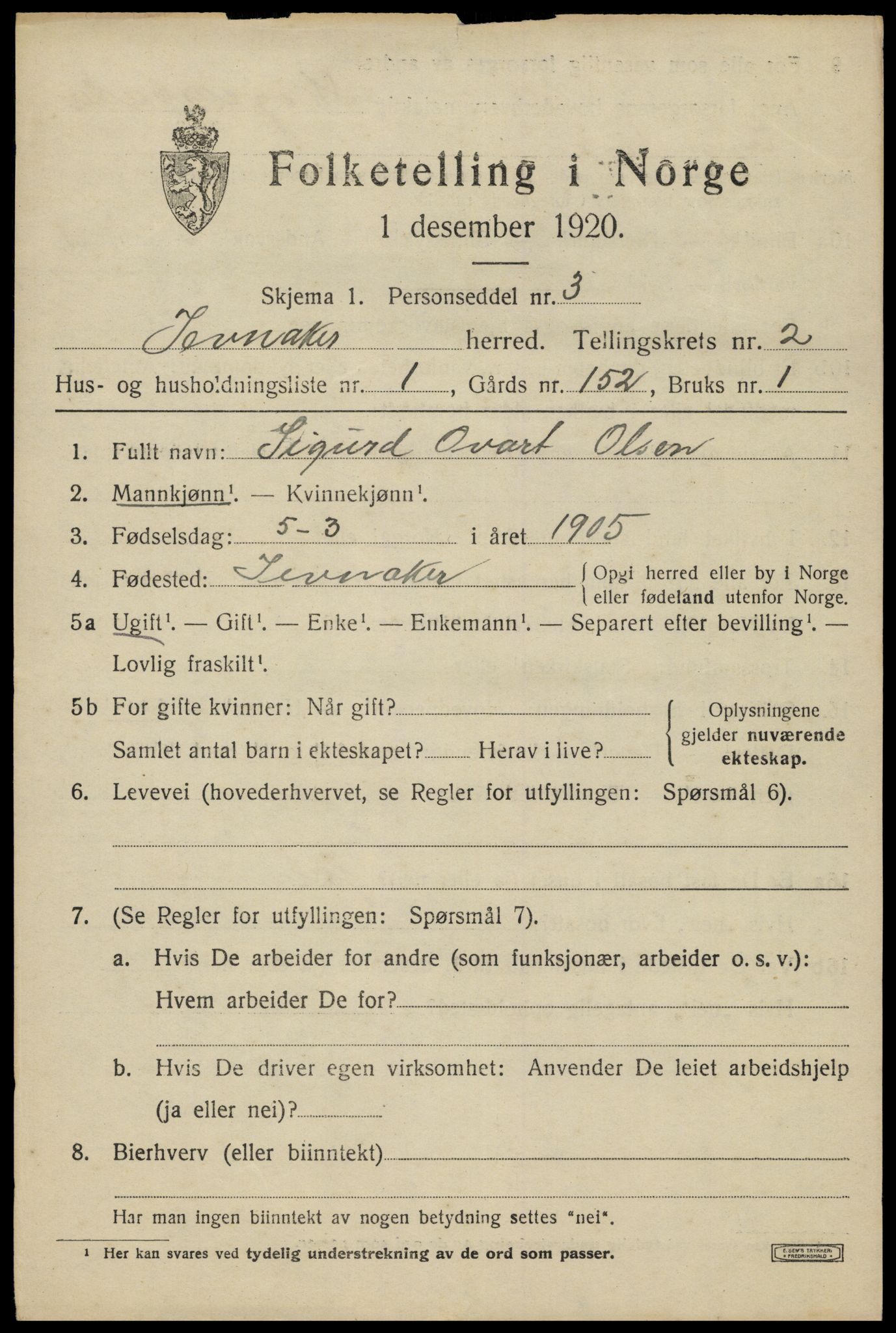 SAH, 1920 census for Jevnaker, 1920, p. 1411