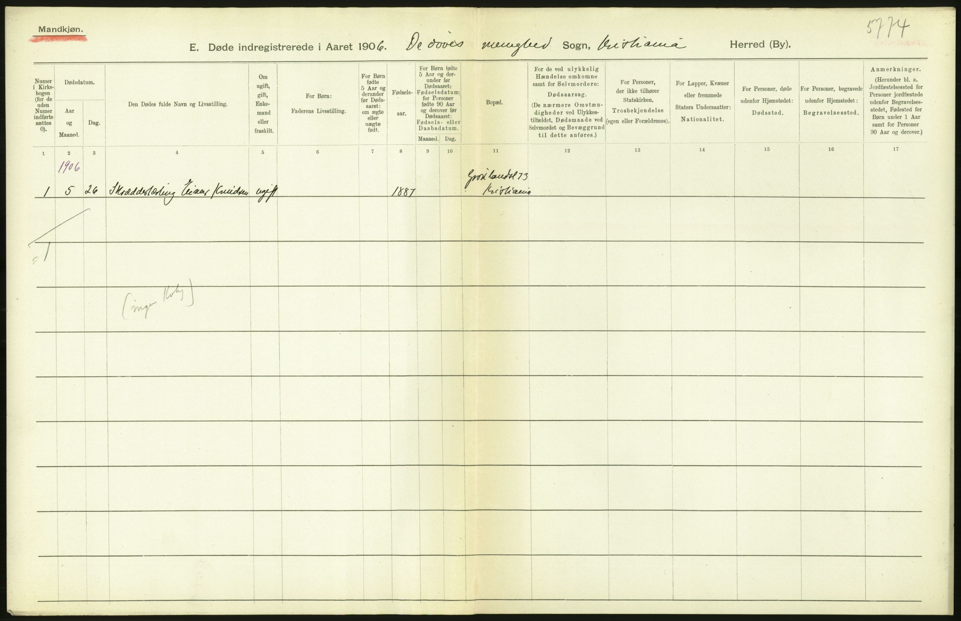 Statistisk sentralbyrå, Sosiodemografiske emner, Befolkning, RA/S-2228/D/Df/Dfa/Dfad/L0009: Kristiania: Døde, 1906, p. 286