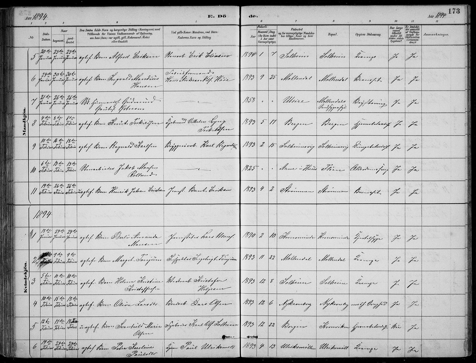 Årstad Sokneprestembete, AV/SAB-A-79301/H/Hab/L0011: Parish register (copy) no. B 1, 1886-1901, p. 173