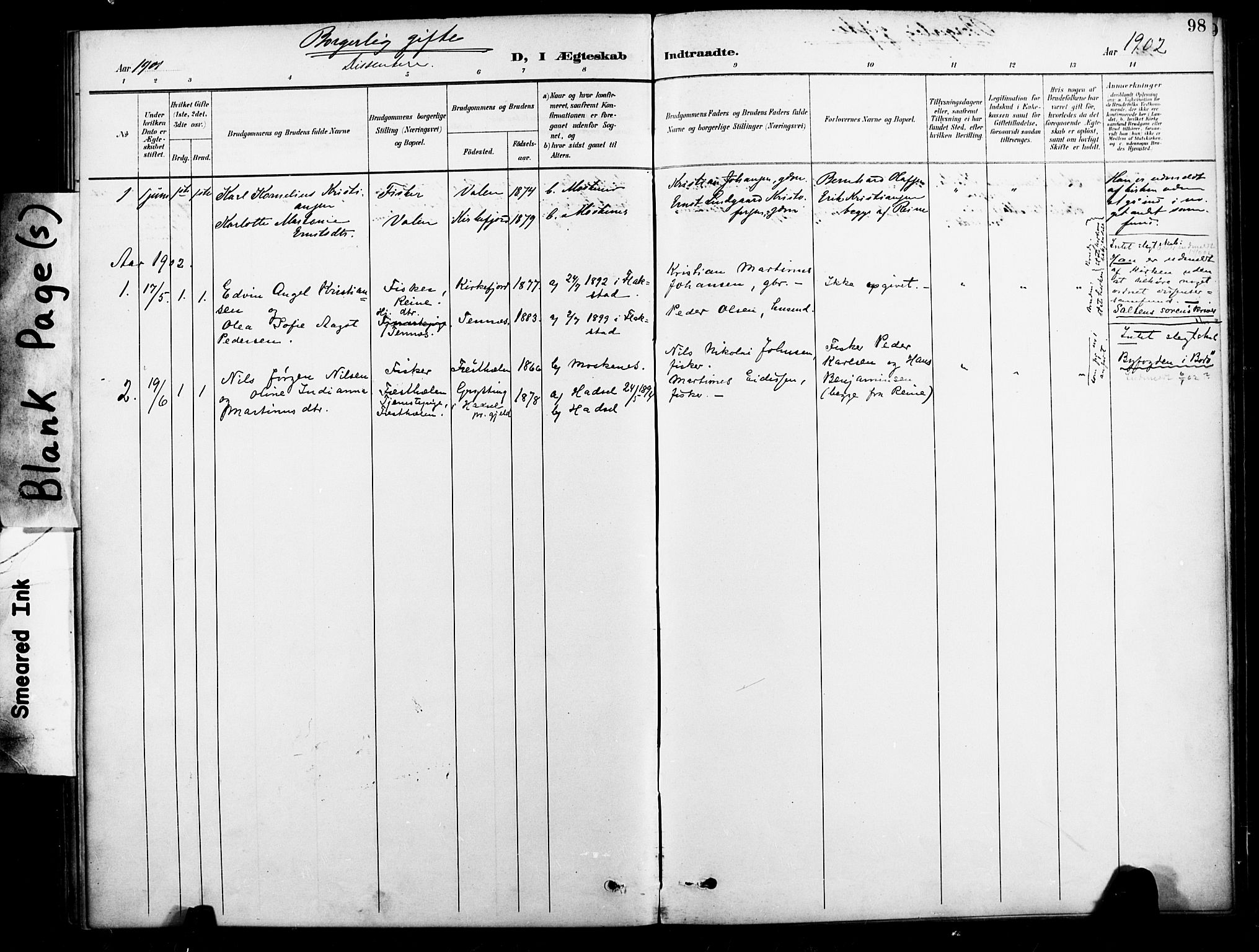 Ministerialprotokoller, klokkerbøker og fødselsregistre - Nordland, AV/SAT-A-1459/886/L1220: Parish register (official) no. 886A02, 1892-1903, p. 98