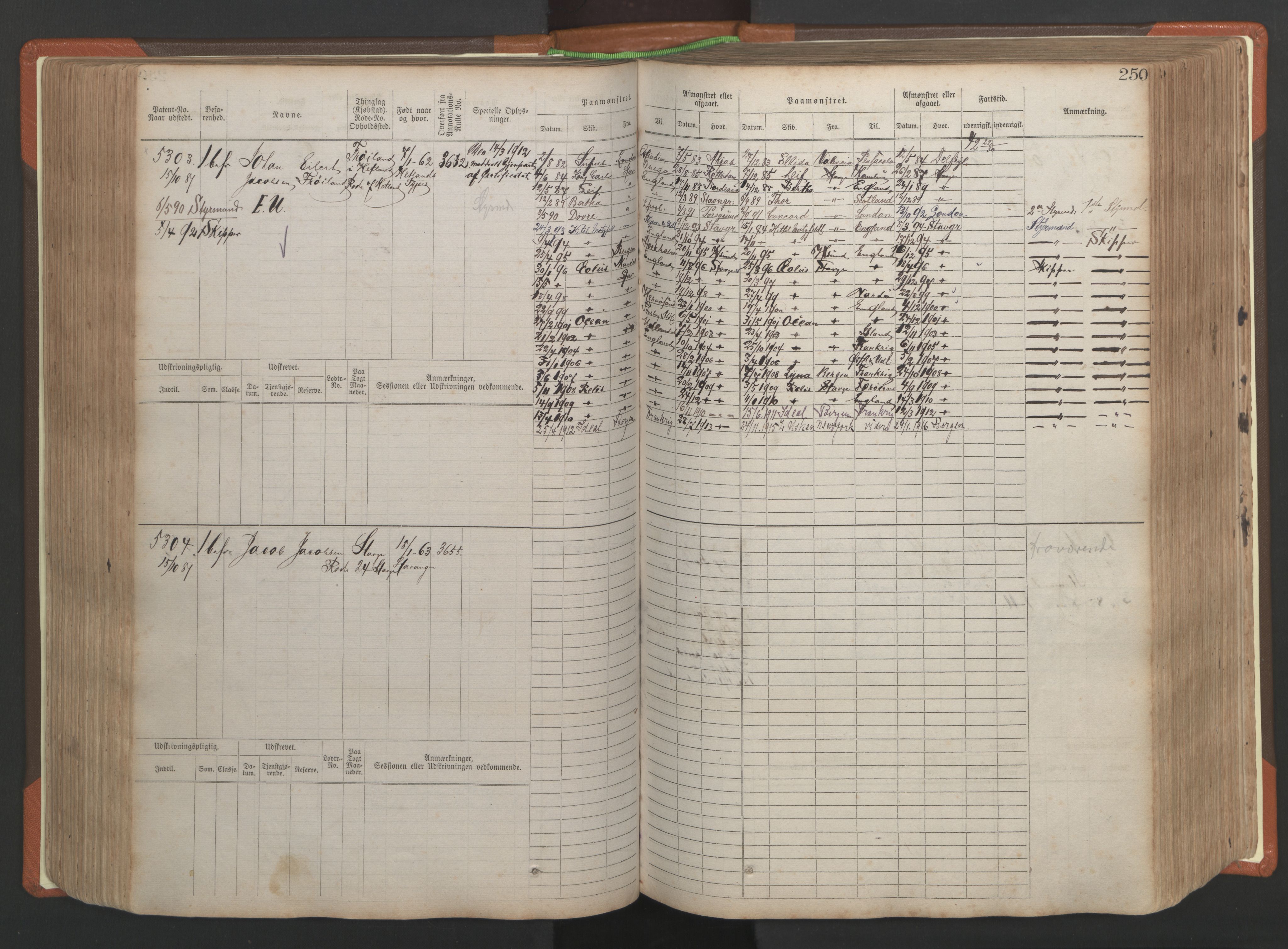 Stavanger sjømannskontor, AV/SAST-A-102006/F/Fb/Fbb/L0009: Sjøfartshovedrulle, patentnr. 4805-6006, 1879-1887, p. 256