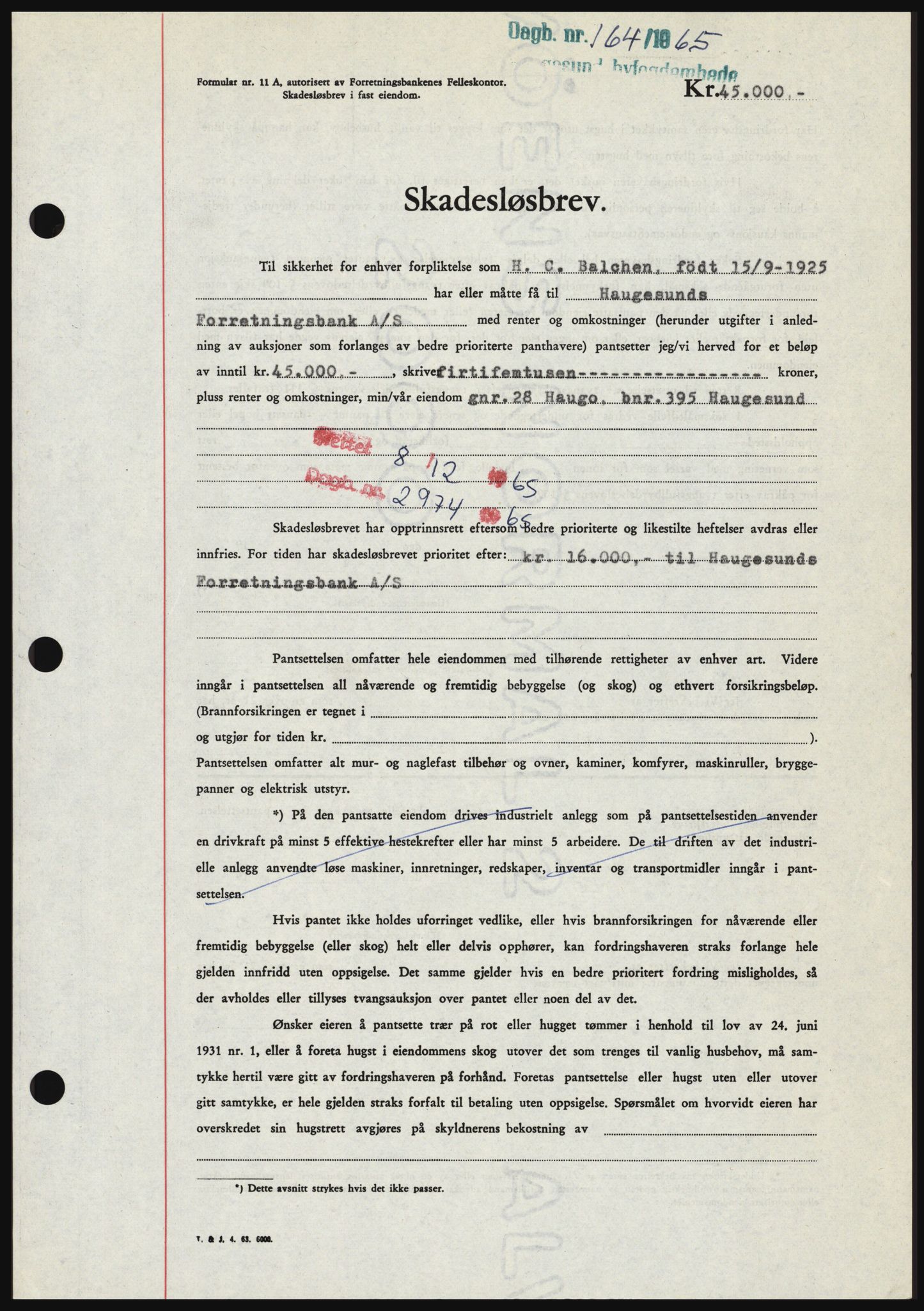 Haugesund tingrett, SAST/A-101415/01/II/IIC/L0053: Mortgage book no. B 53, 1965-1965, Diary no: : 164/1965