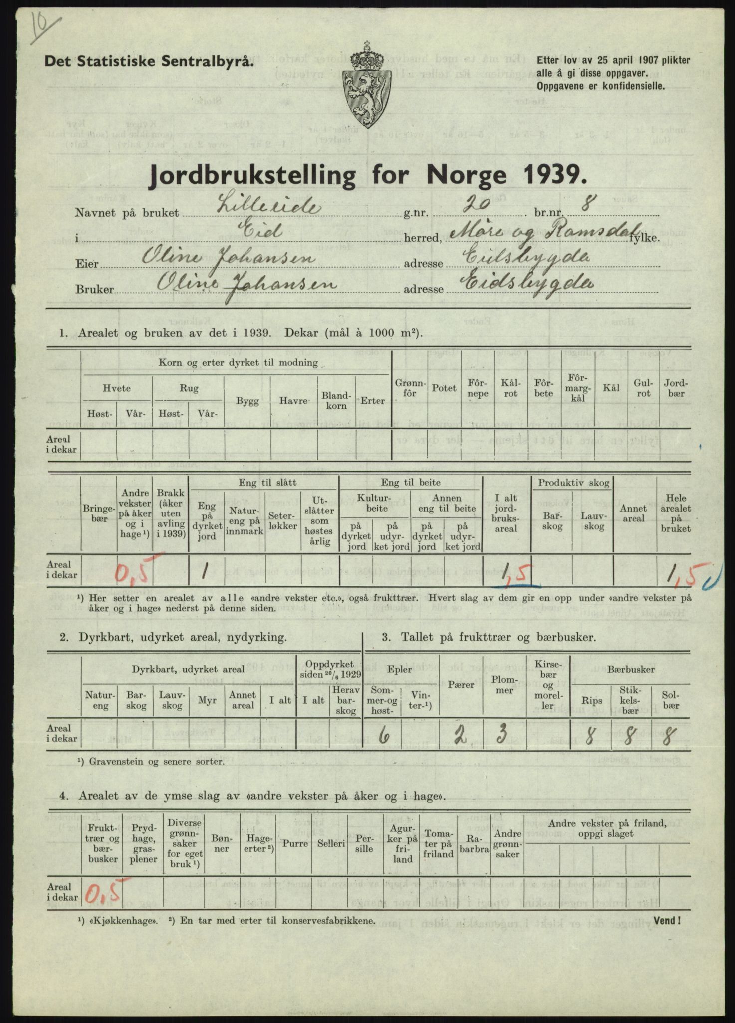 Statistisk sentralbyrå, Næringsøkonomiske emner, Jordbruk, skogbruk, jakt, fiske og fangst, AV/RA-S-2234/G/Gb/L0251: Møre og Romsdal: Voll, Eid, Grytten og Hen, 1939, p. 359