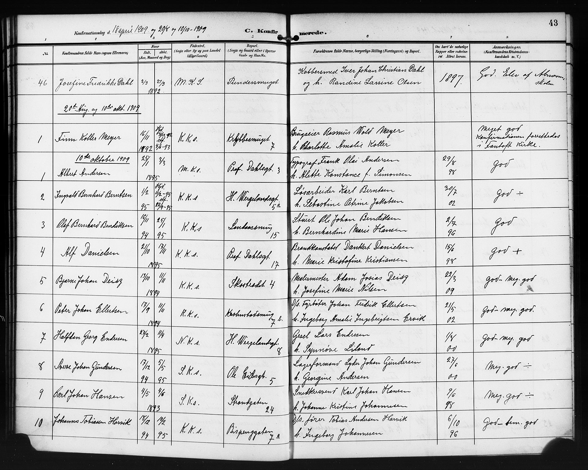 Korskirken sokneprestembete, SAB/A-76101/H/Haa/L0031: Parish register (official) no. C 7, 1907-1921, p. 43