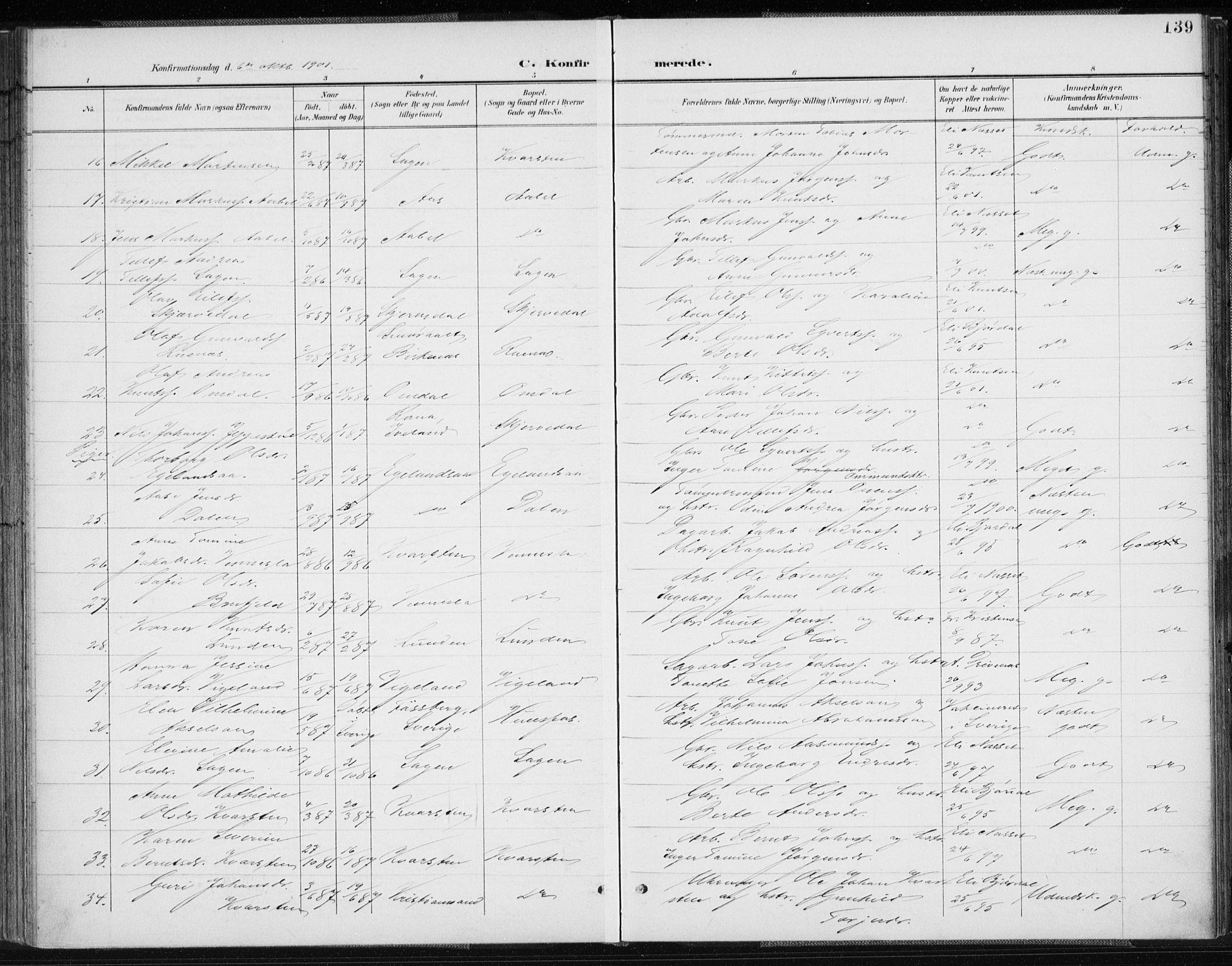 Vennesla sokneprestkontor, SAK/1111-0045/Fa/Fab/L0005: Parish register (official) no. A 5, 1897-1909, p. 139