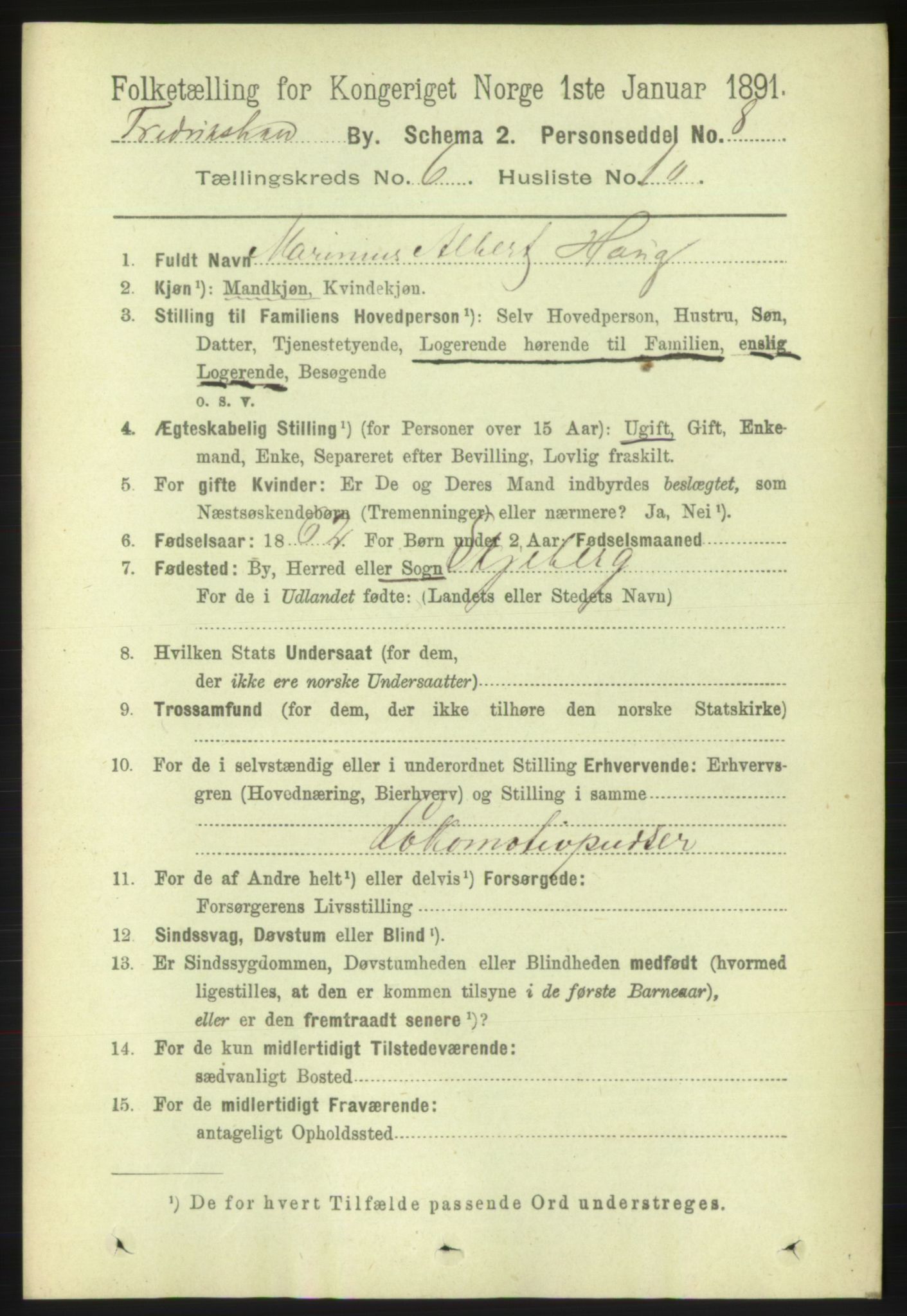 RA, 1891 census for 0101 Fredrikshald, 1891, p. 4643