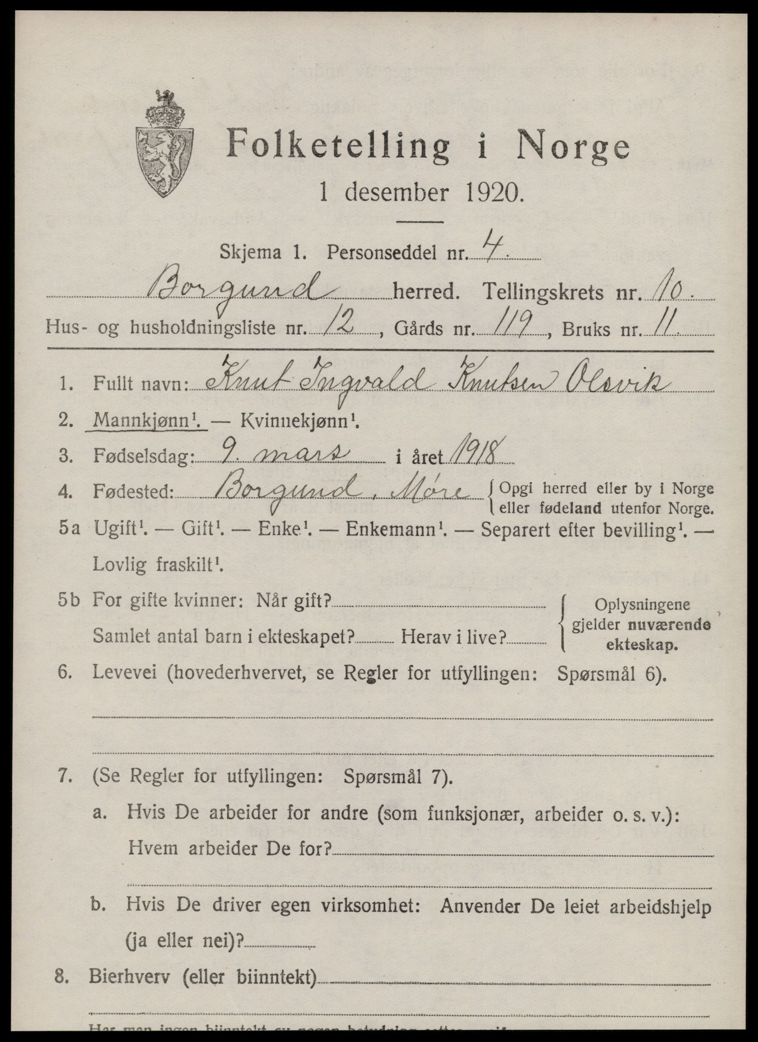 SAT, 1920 census for Borgund, 1920, p. 9320