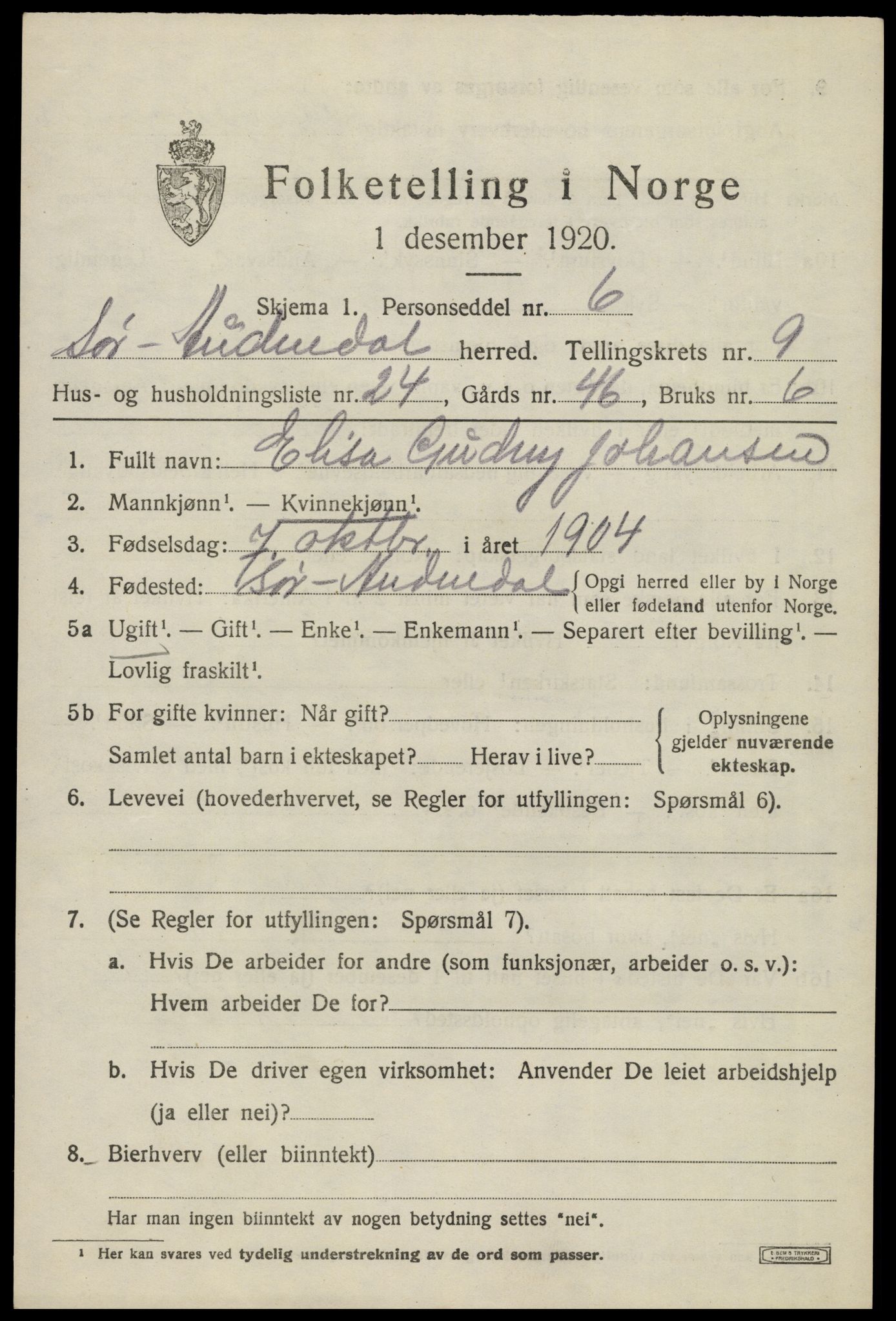 SAK, 1920 census for Sør-Audnedal, 1920, p. 3681