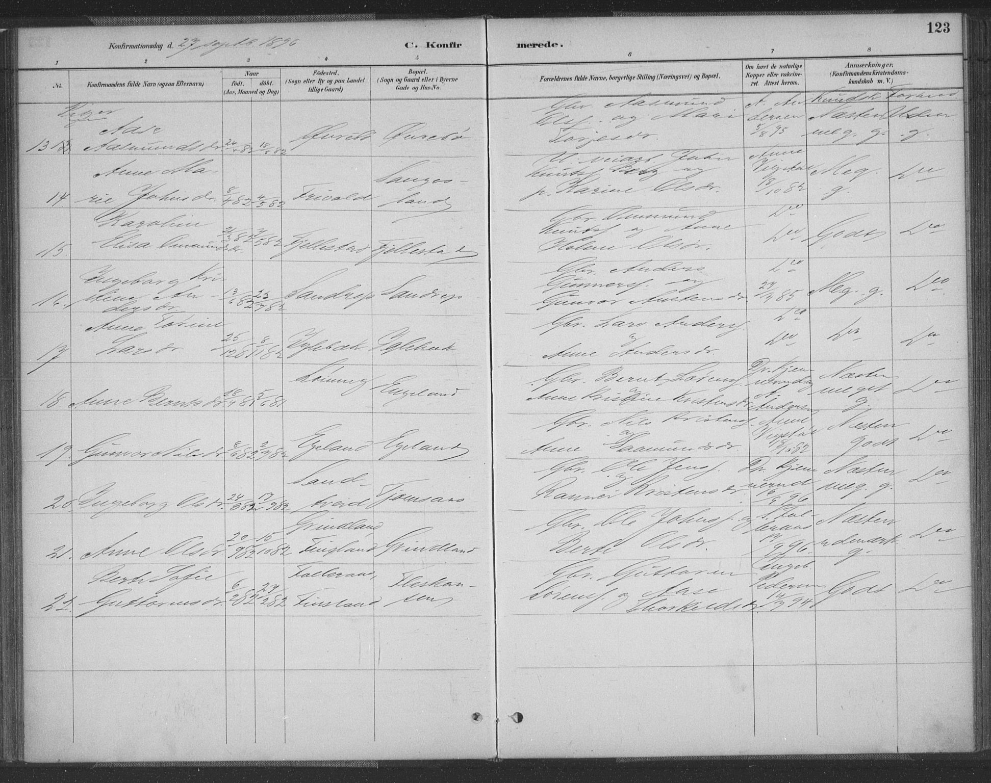 Vennesla sokneprestkontor, AV/SAK-1111-0045/Fa/Fac/L0009: Parish register (official) no. A 9, 1884-1901, p. 123