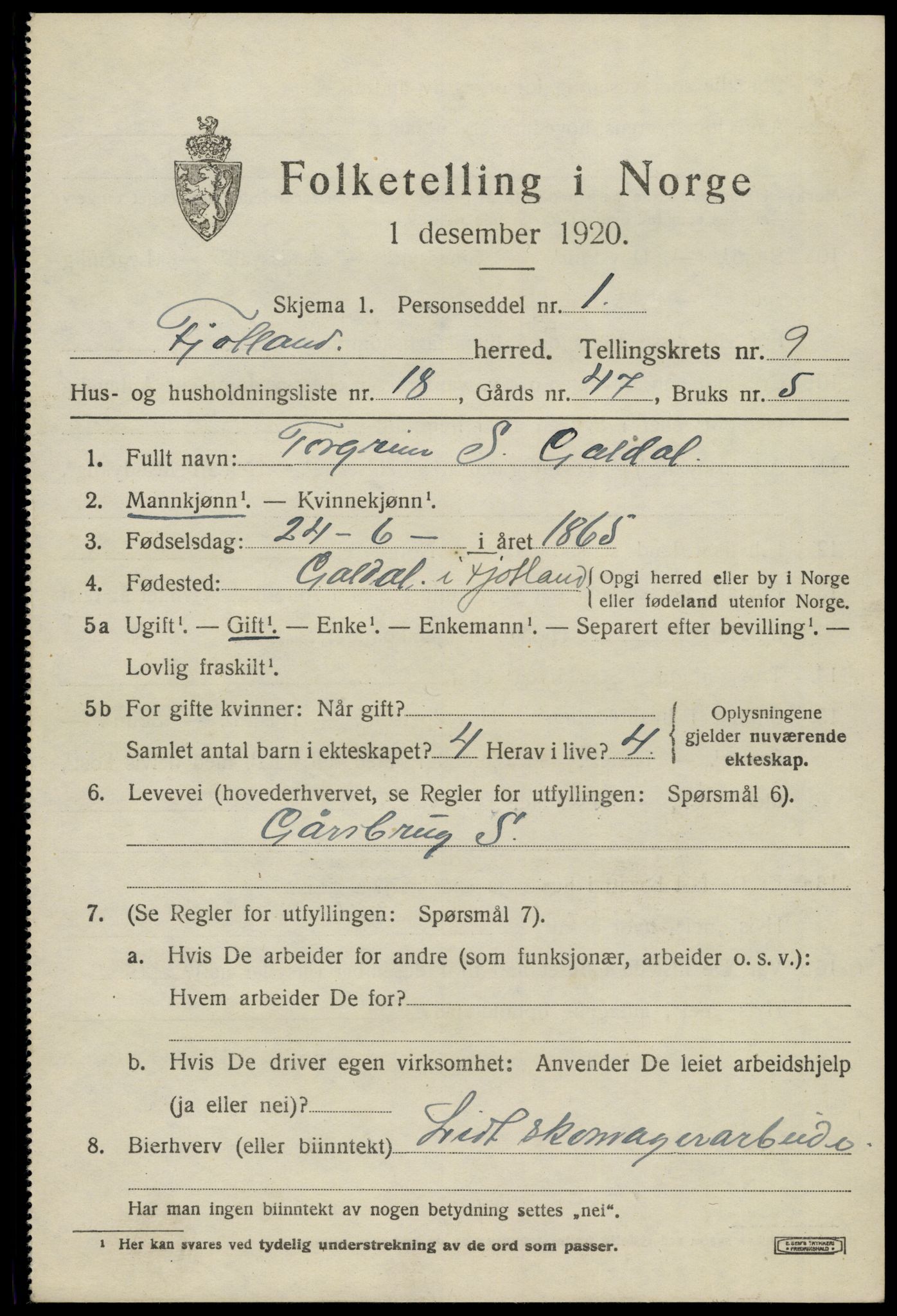 SAK, 1920 census for Fjotland, 1920, p. 2408
