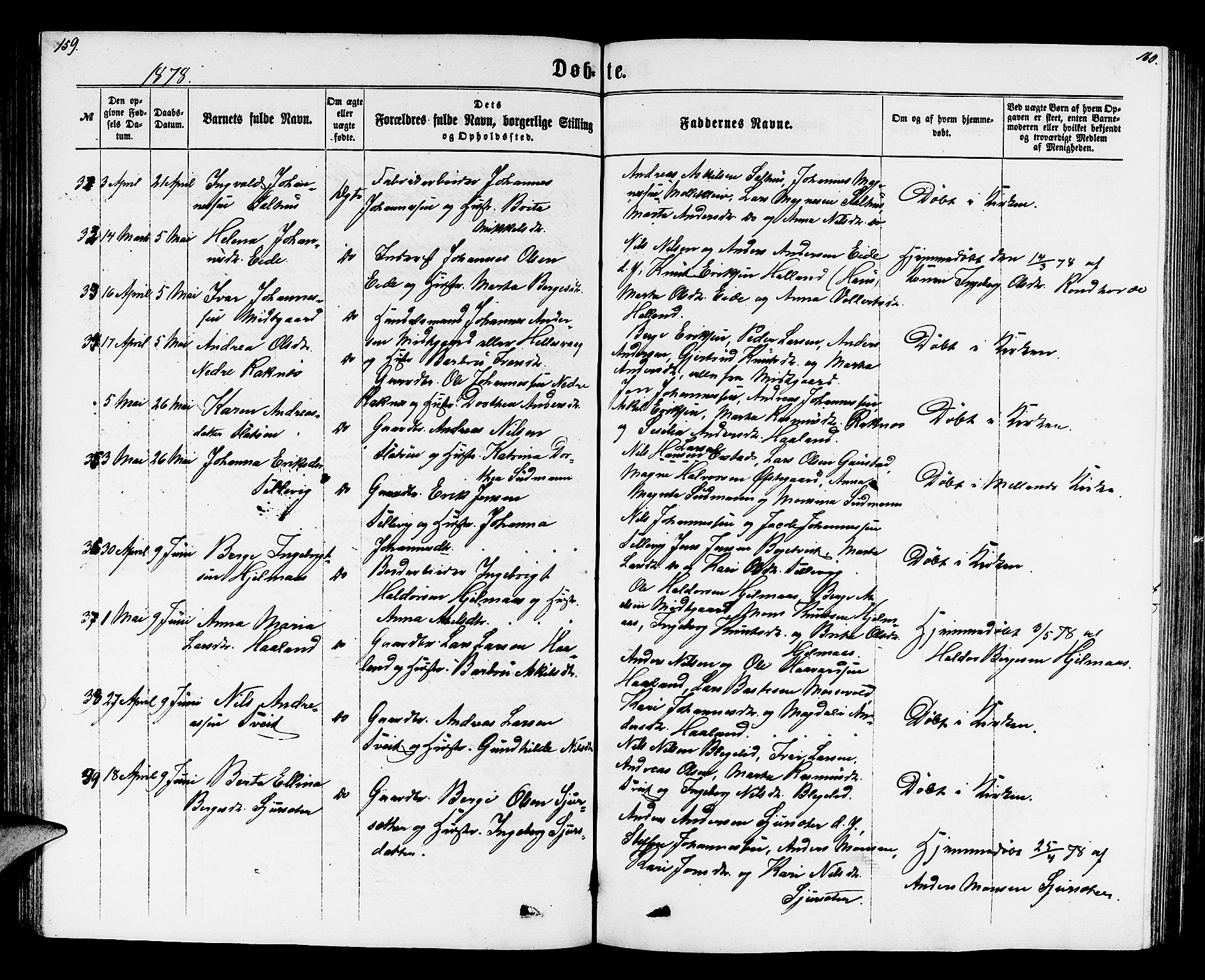 Hamre sokneprestembete, AV/SAB-A-75501/H/Ha/Hab: Parish register (copy) no. B 2, 1863-1880, p. 159-160