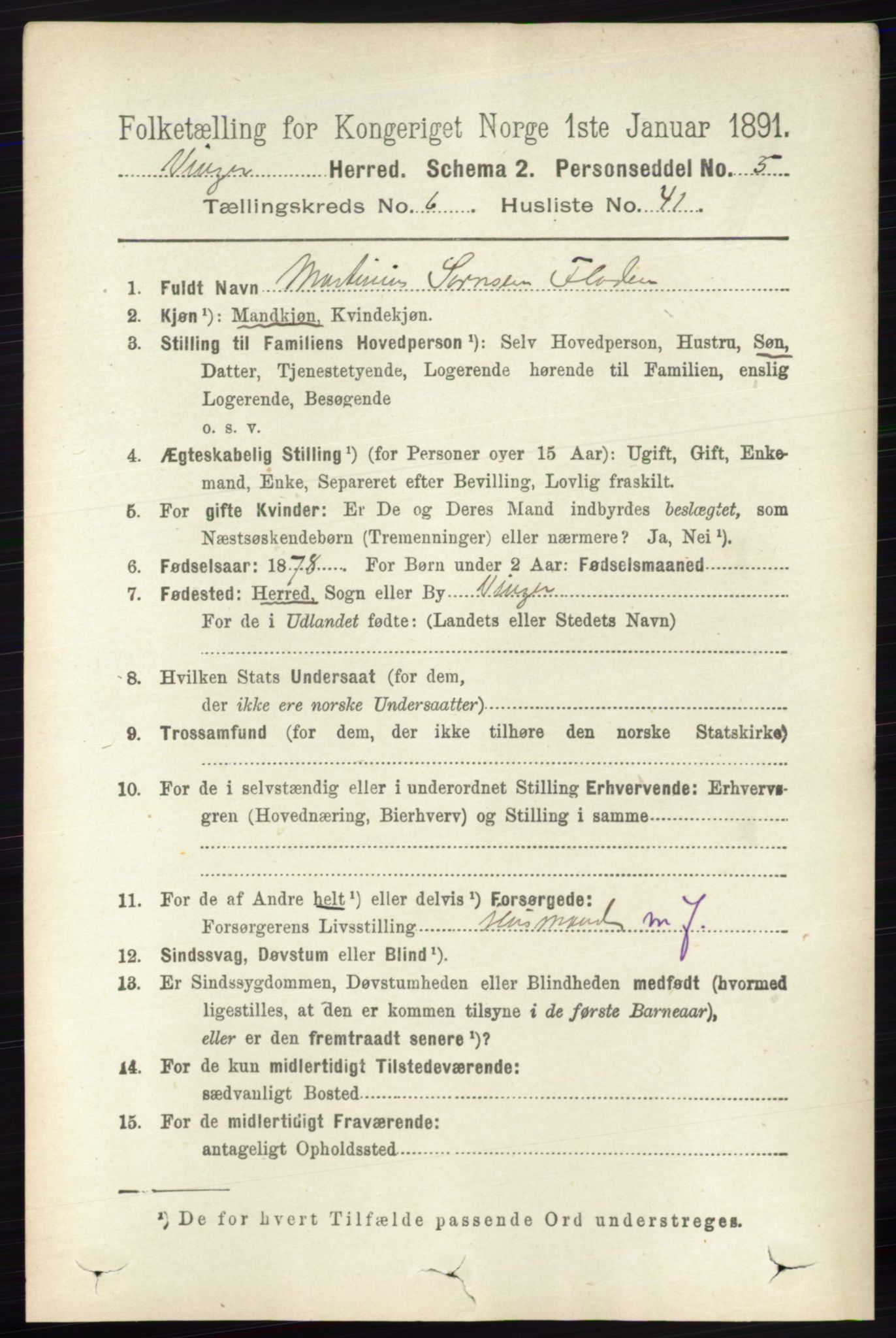 RA, 1891 census for 0421 Vinger, 1891, p. 2842