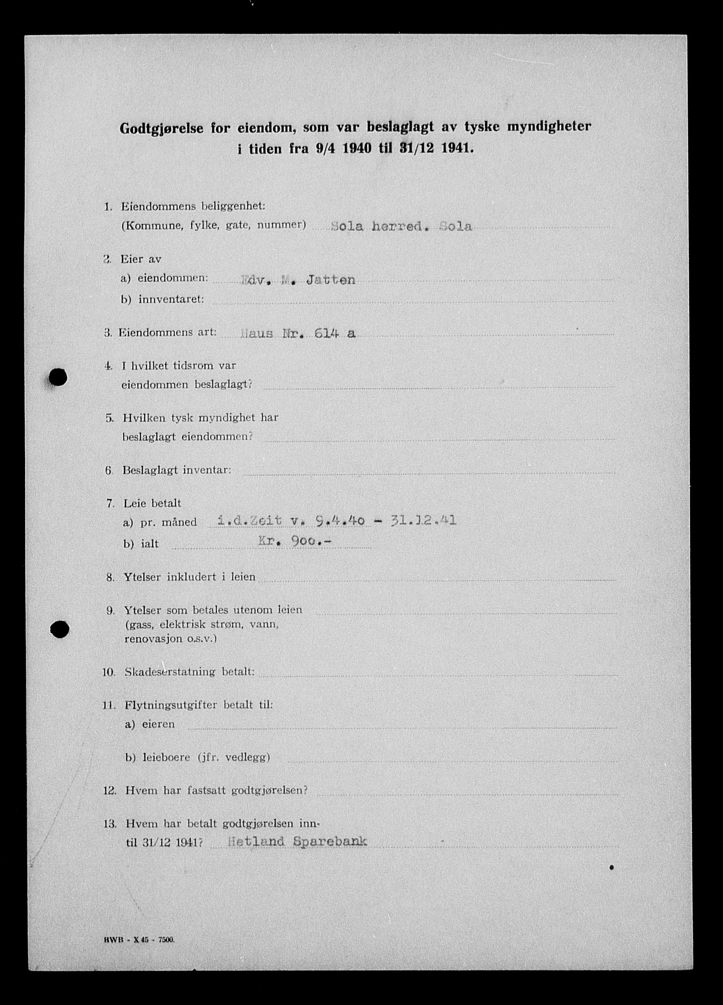 Justisdepartementet, Tilbakeføringskontoret for inndratte formuer, AV/RA-S-1564/I/L1014: Godtgjørelse for beslaglagt eiendom, 1940-1941, p. 373