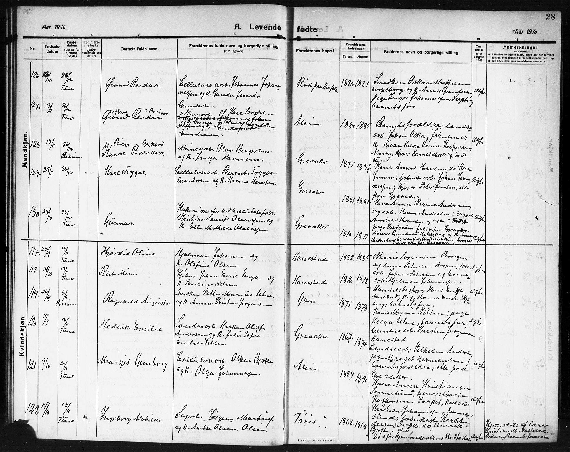 Tune prestekontor Kirkebøker, AV/SAO-A-2007/G/Ga/L0002: Parish register (copy) no. I 2, 1910-1913, p. 28